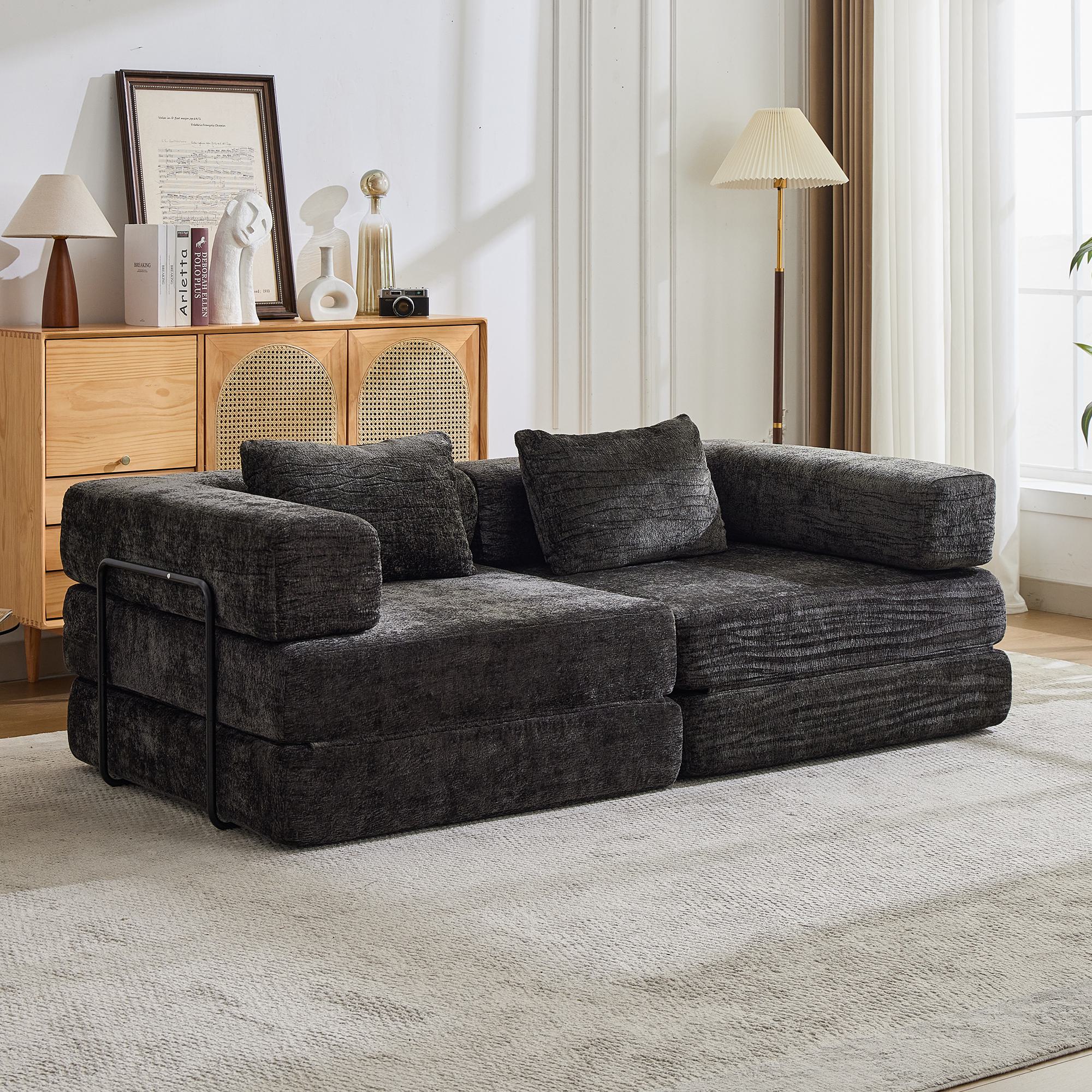Convertible Sofa Bed Floor Sofa with Fixed-Shape Frame, Chenille Fabric Loveseat Modular Sectional for Apartments, Compressed Sofa 79" L x 39.5" W x 2