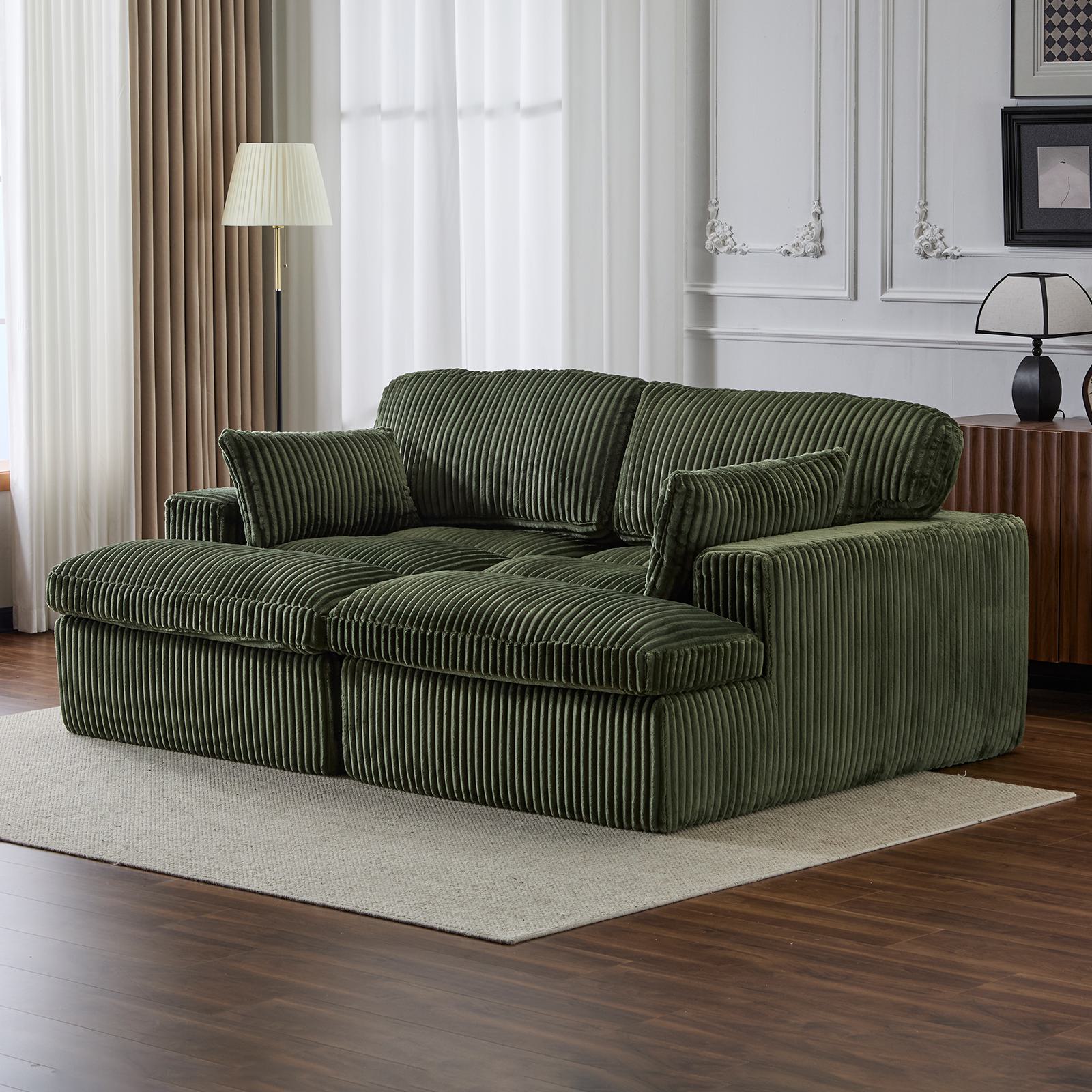 Deep Seat Sofa Double Chaise Lounge Chair with Corduroy Fabric, Compressed Sofa Sectional Loveseat for Apartments, 82.5'' L x 57'' W x 23.5'' H, Green