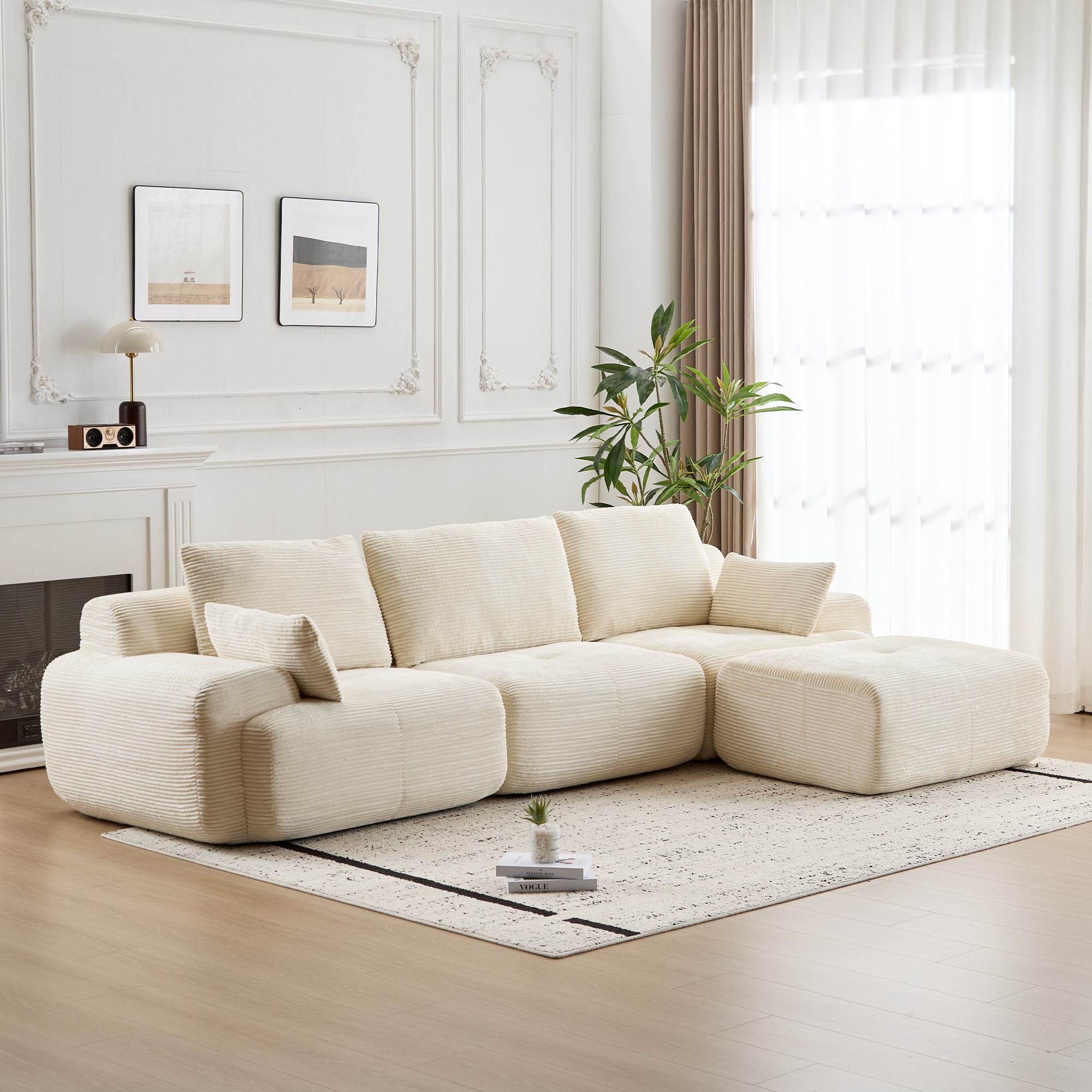 Compressed Sofa Modern Memory Foam Sectional, Pet-Friendly Corduroy Couch, Extra Deep Loveseat for Living Room, 120" L x 71" W x 28.5" H, Beige