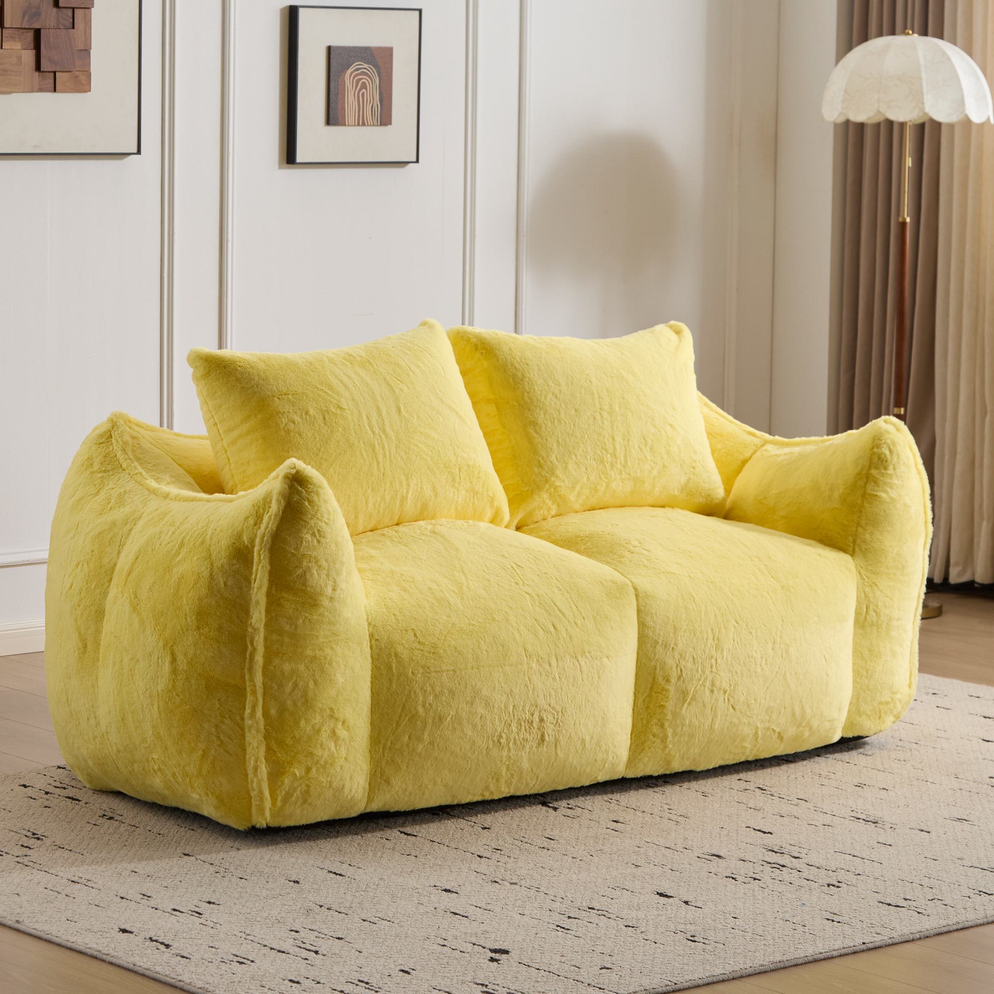 Bean Bag Sofa with High-Density Foam and Faux Fur Fabric, Compressed Sofa Oversized Fluffy Loveseat for Adults, 75" L x 42.5" W x 28.5" H, Yellow