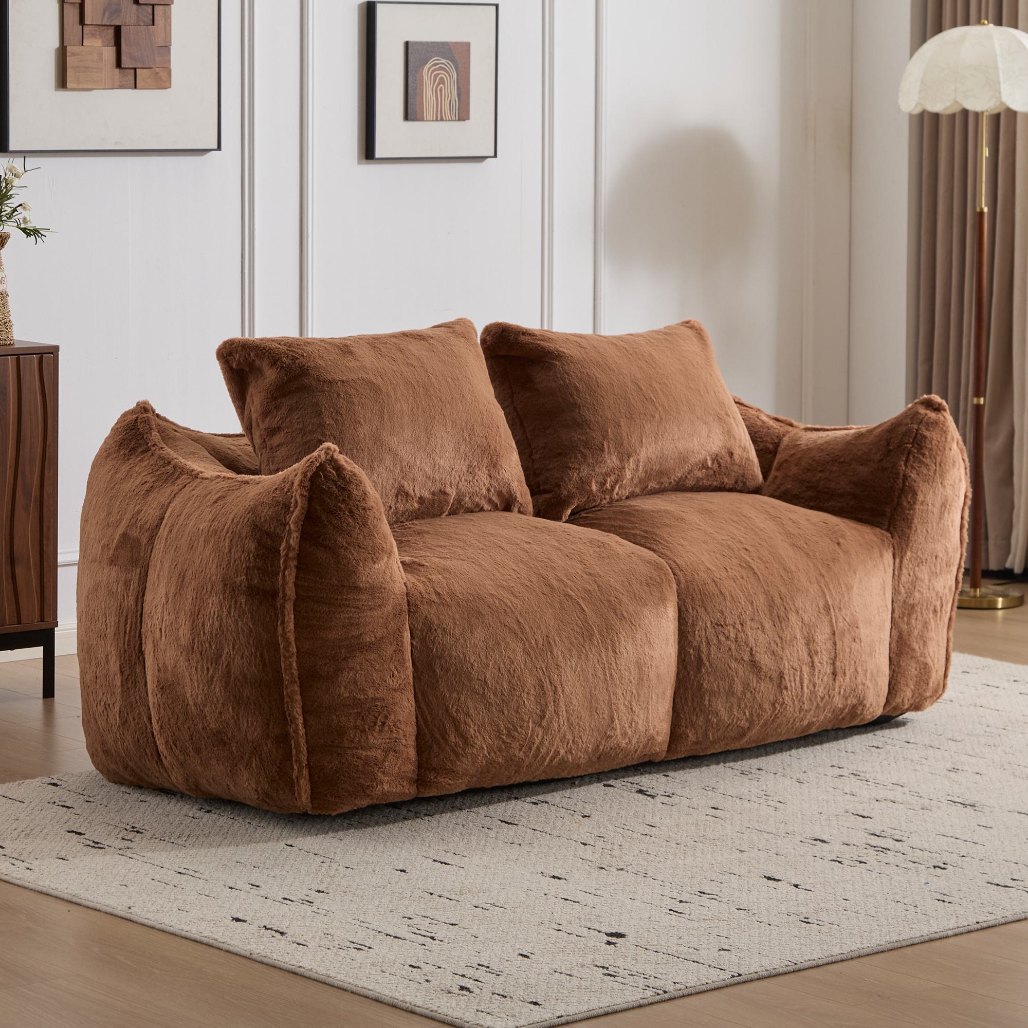 Bean Bag Sofa with High-Density Foam and Faux Fur Fabric, Compressed Sofa Oversized Fluffy Loveseat for Adults, 75" L x 42.5" W x 28.5" H, Brown