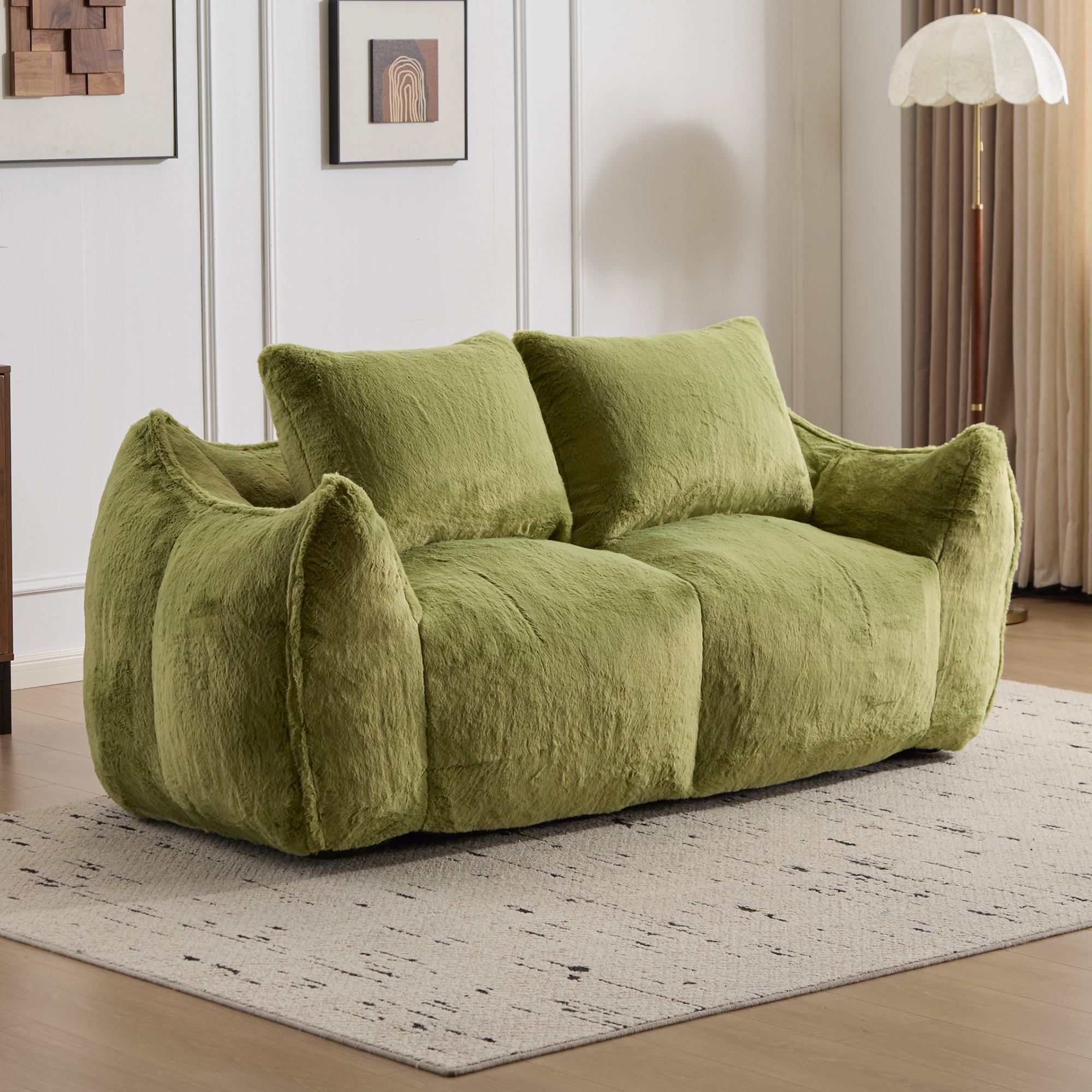 Bean Bag Sofa with High-Density Foam and Faux Fur Fabric, Compressed Sofa Oversized Fluffy Loveseat for Adults, 75" L x 42.5" W x 28.5" H, Green