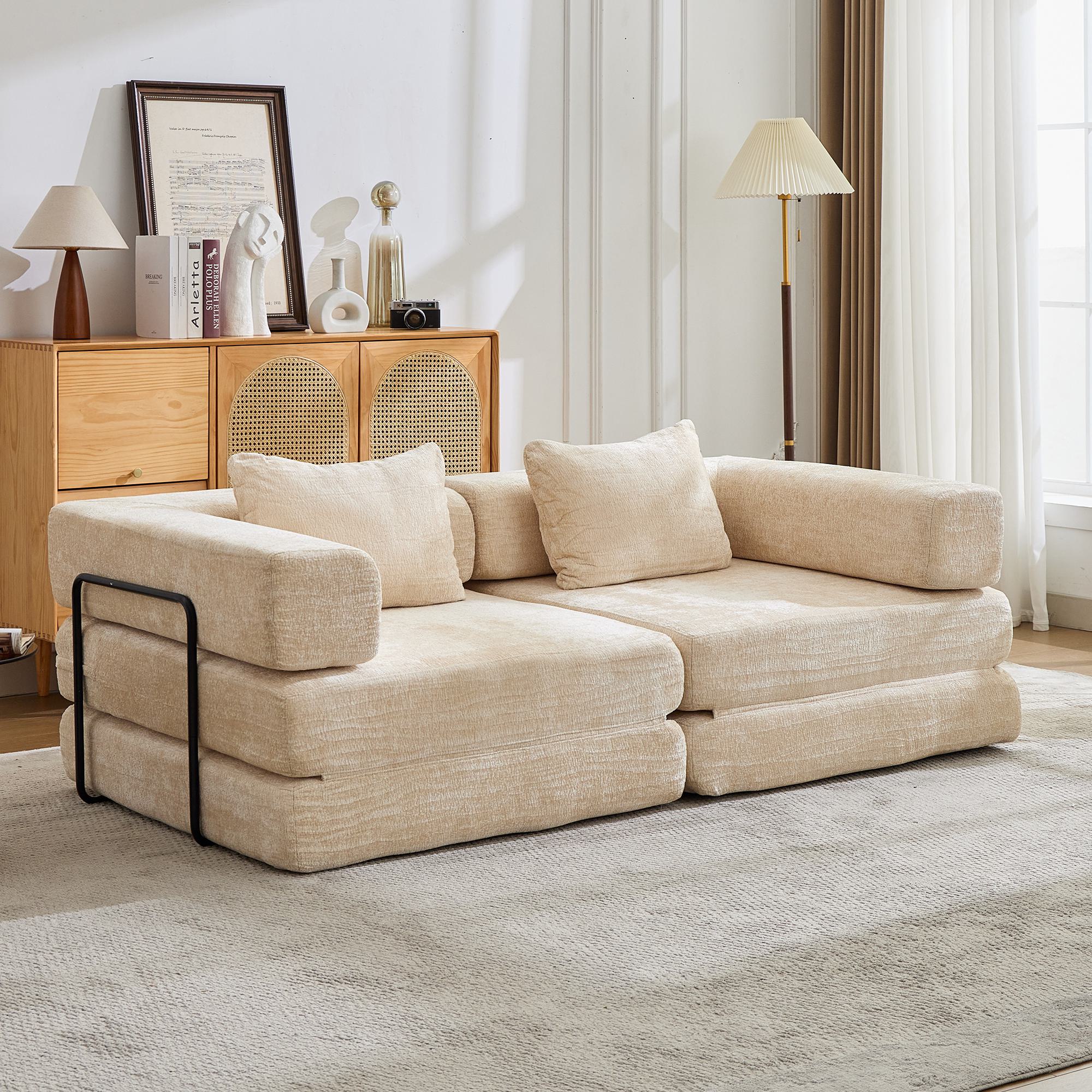 Convertible Sofa Bed Floor Sofa with Fixed-Shape Frame and Chenille Fabric, Compressed Sofa for Living Room, 79" L x 39.5" W x 25" H, Beige