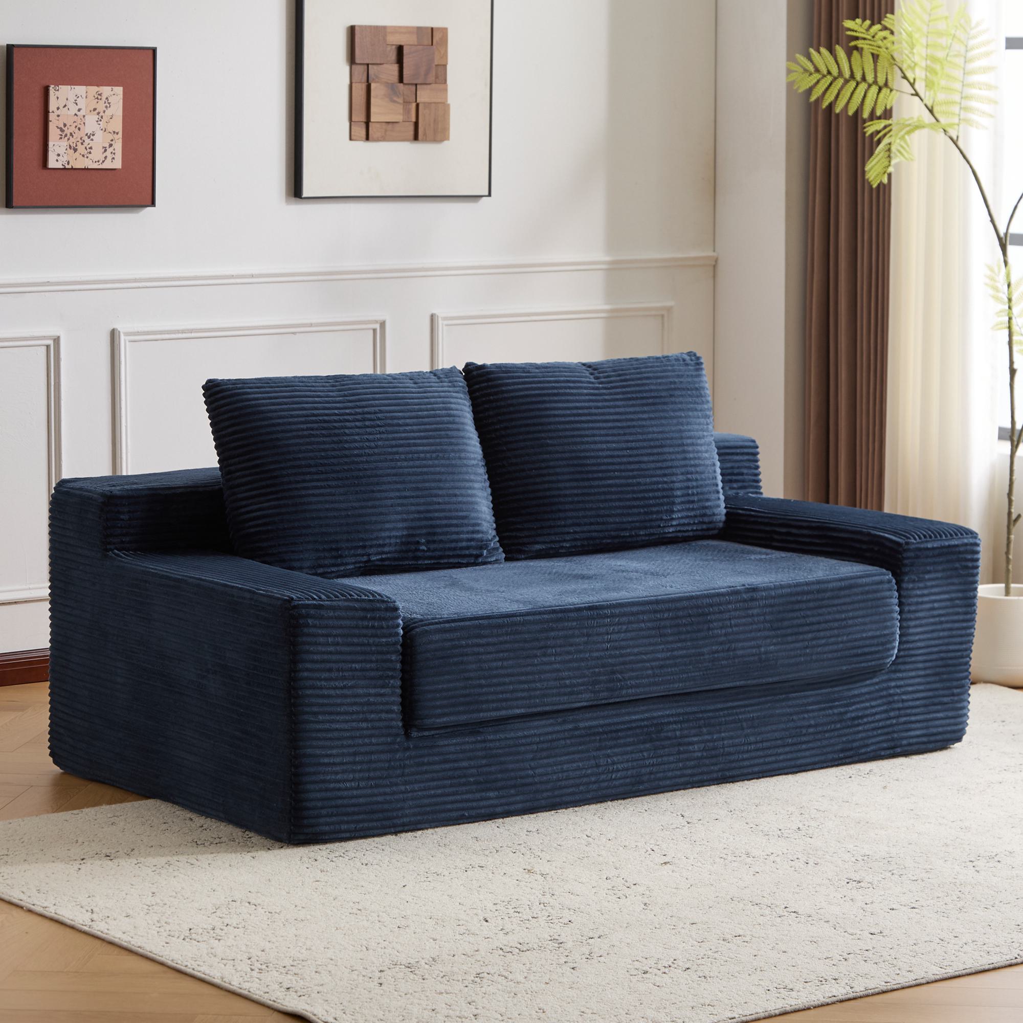Modern Loveseat Sofa Bed with Reversible Cushion and Pillows, Corduroy Couch for Living Room, 71.5" L x 40.5" W x 25.5" H, Dark Blue