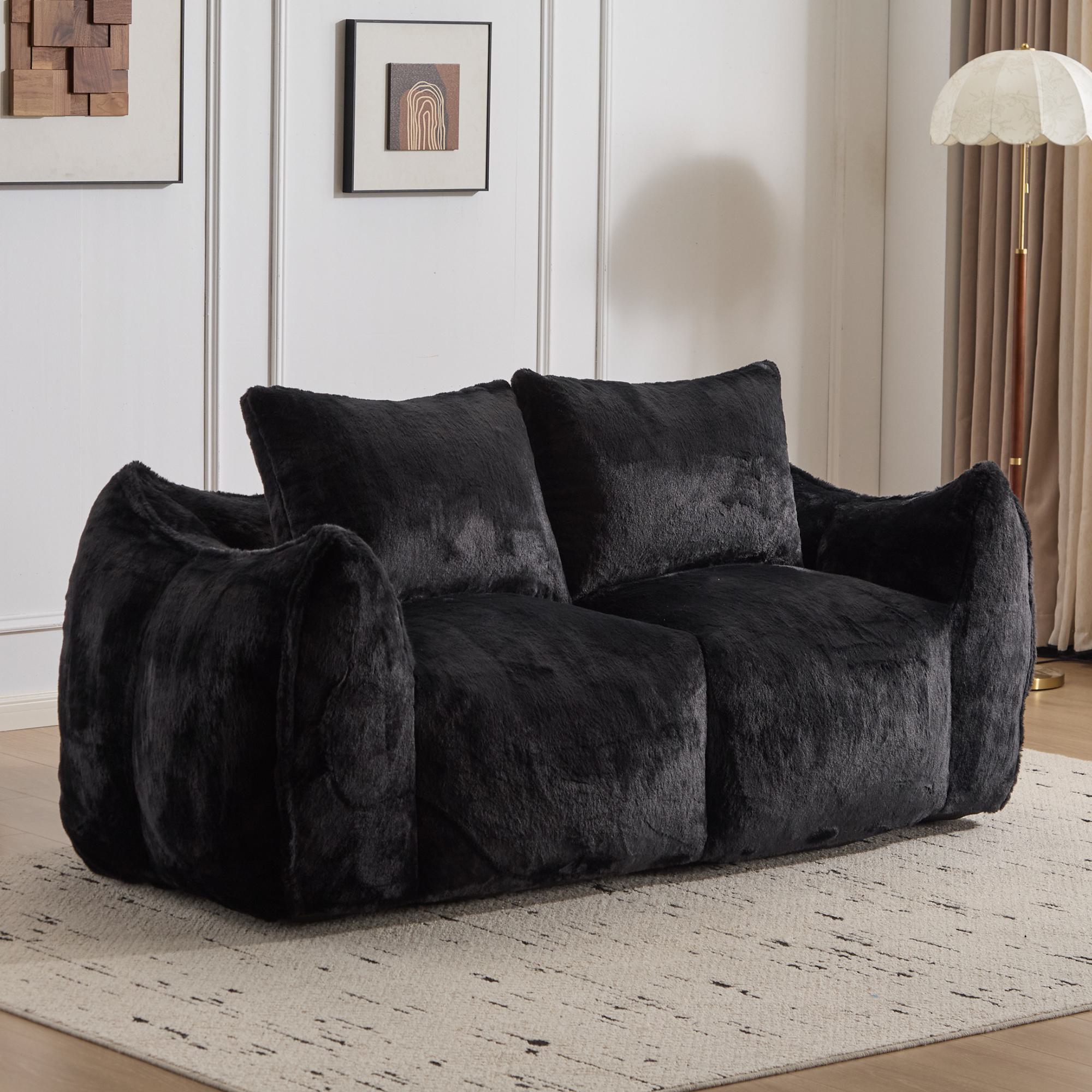 Bean Bag Sofa with High-Density Foam and Faux Fur Fabric, Compressed Sofa Oversized Fluffy Loveseat for Adults, 75" L x 42.5" W x 28.5" H, Black
