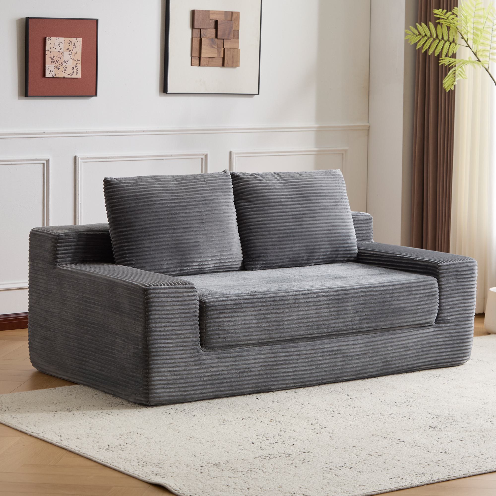 Convertible Sofa Bed Modern Loveseat with Reversible Cushion and Pillows, Compressed Sofa Corduroy Couch for Apartments, 71.5" L x 40.5" W x 25.5" H, 