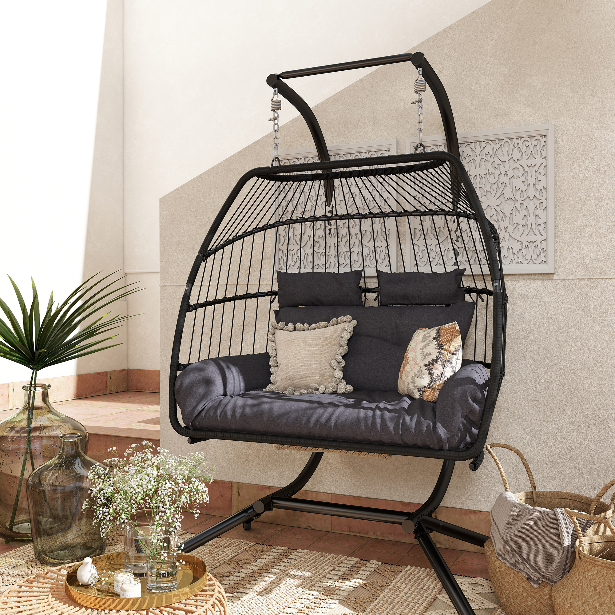Outsunny Double Wicker Egg Swing Chair with Stand, Foldable