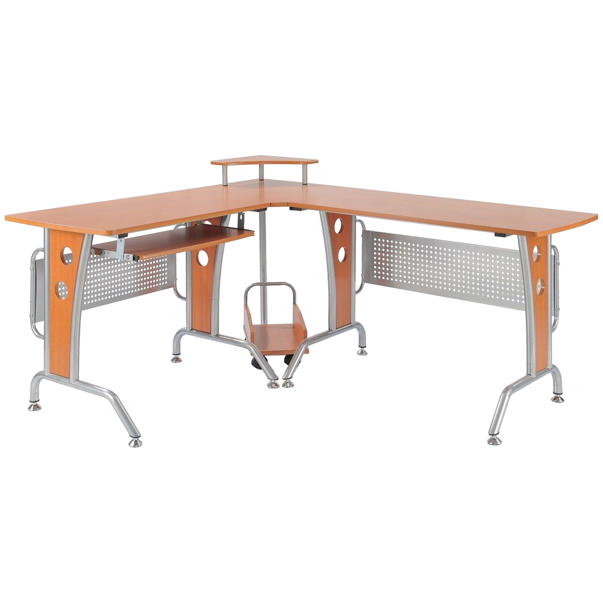 HOMCOM L-Shaped Corner Computer Office Desk Workstation with Elevated Shelf, Rolling Keyboard Tray, & Convenient CPU Stand, Wood Color