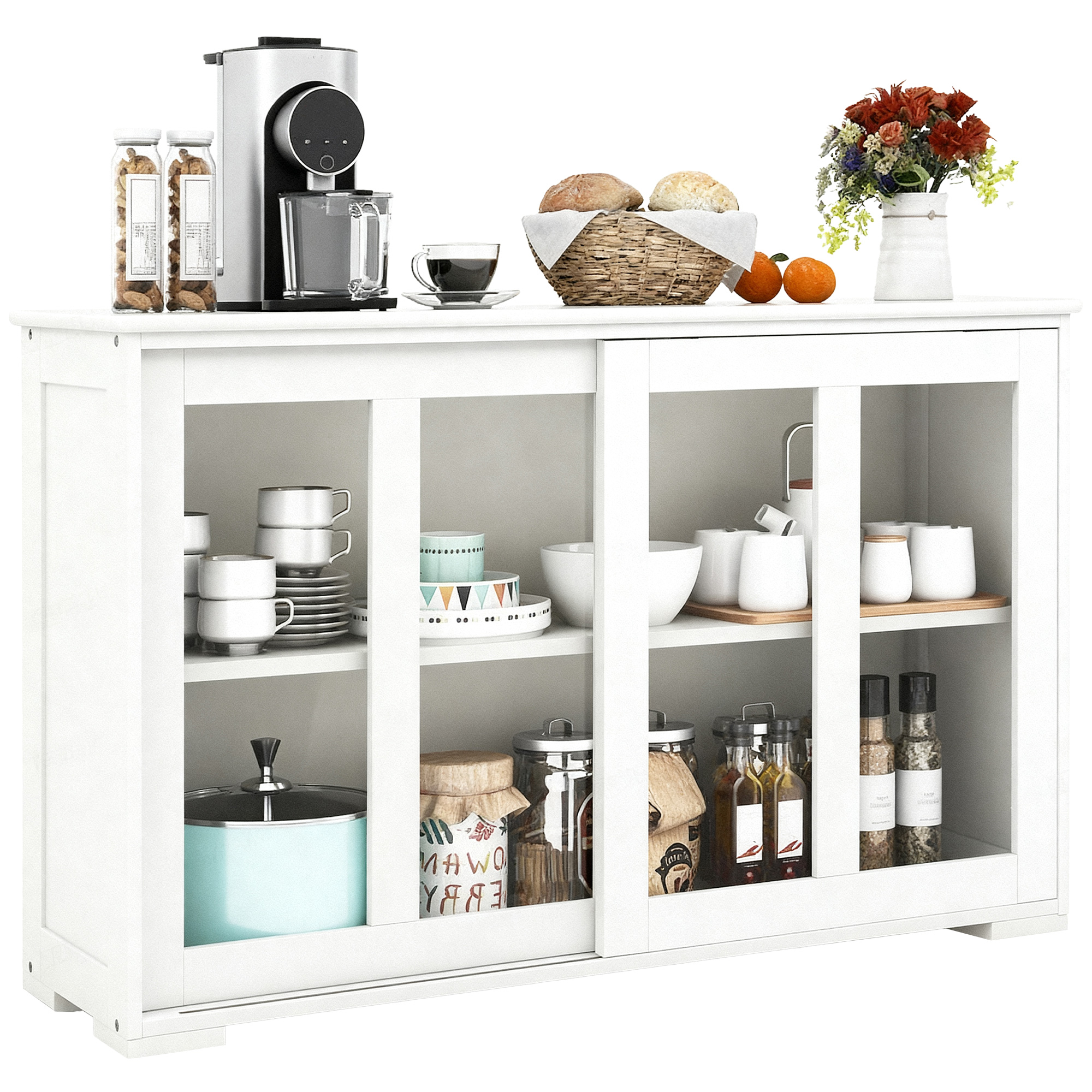 HOMCOM Sideboard Buffet Cabinet, Stackable Credenza, Coffee Bar Cabinet with Sliding Glass Door and Adjustable Shelf, White