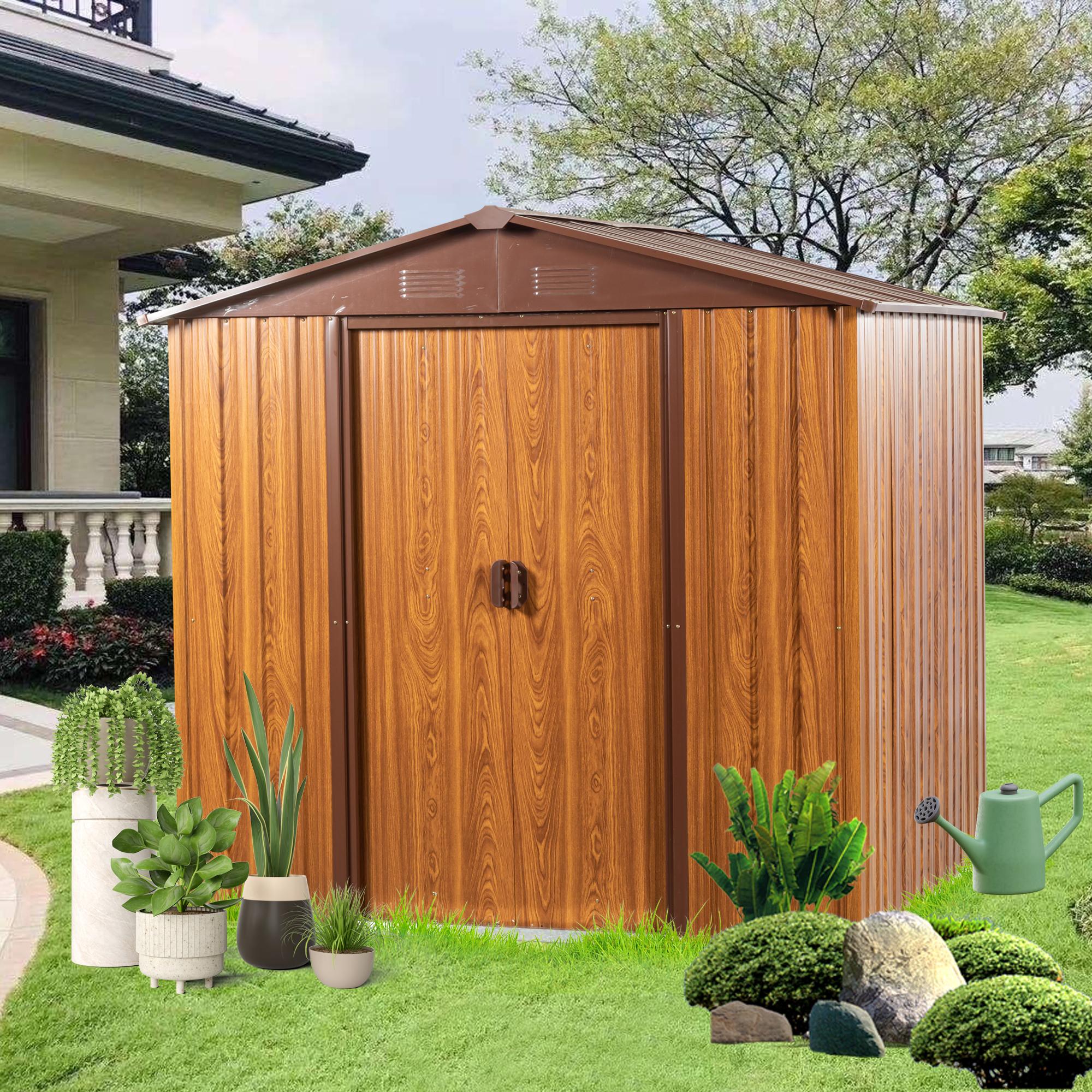 Metal Storage Shed with Sliding Doors and Punched Vents, Outbuilding for Garden Hobbyists, 76.5'' L x 68.5'' W x 72.5'' H, Yellow Brown Aosom Canada