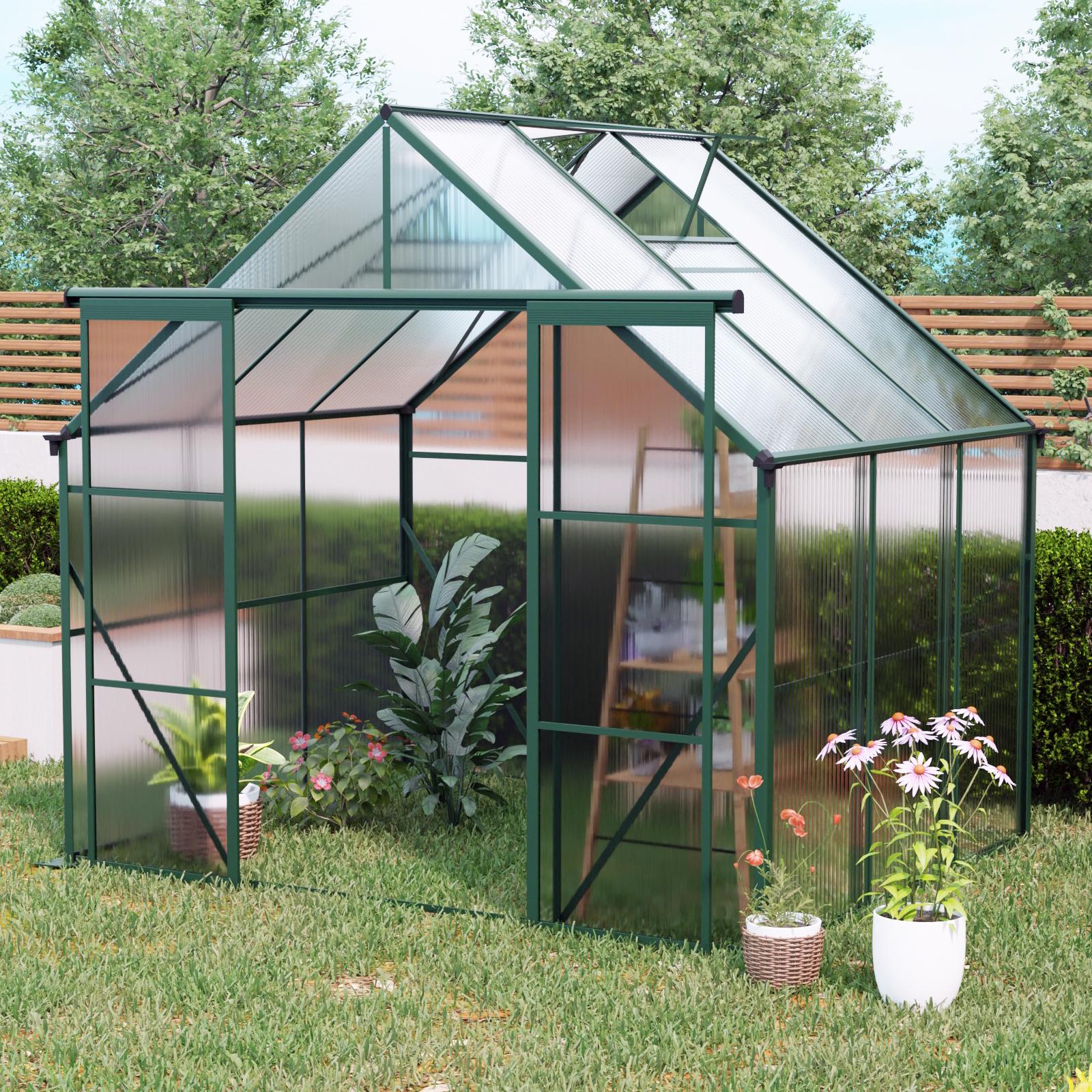 Walk-in Polycarbonate Greenhouse with Double Sliding Doors, Galvanized Base, Hothouse for Plant, 94.5" L x 74" W x 89.5" H, Green Aosom Canada