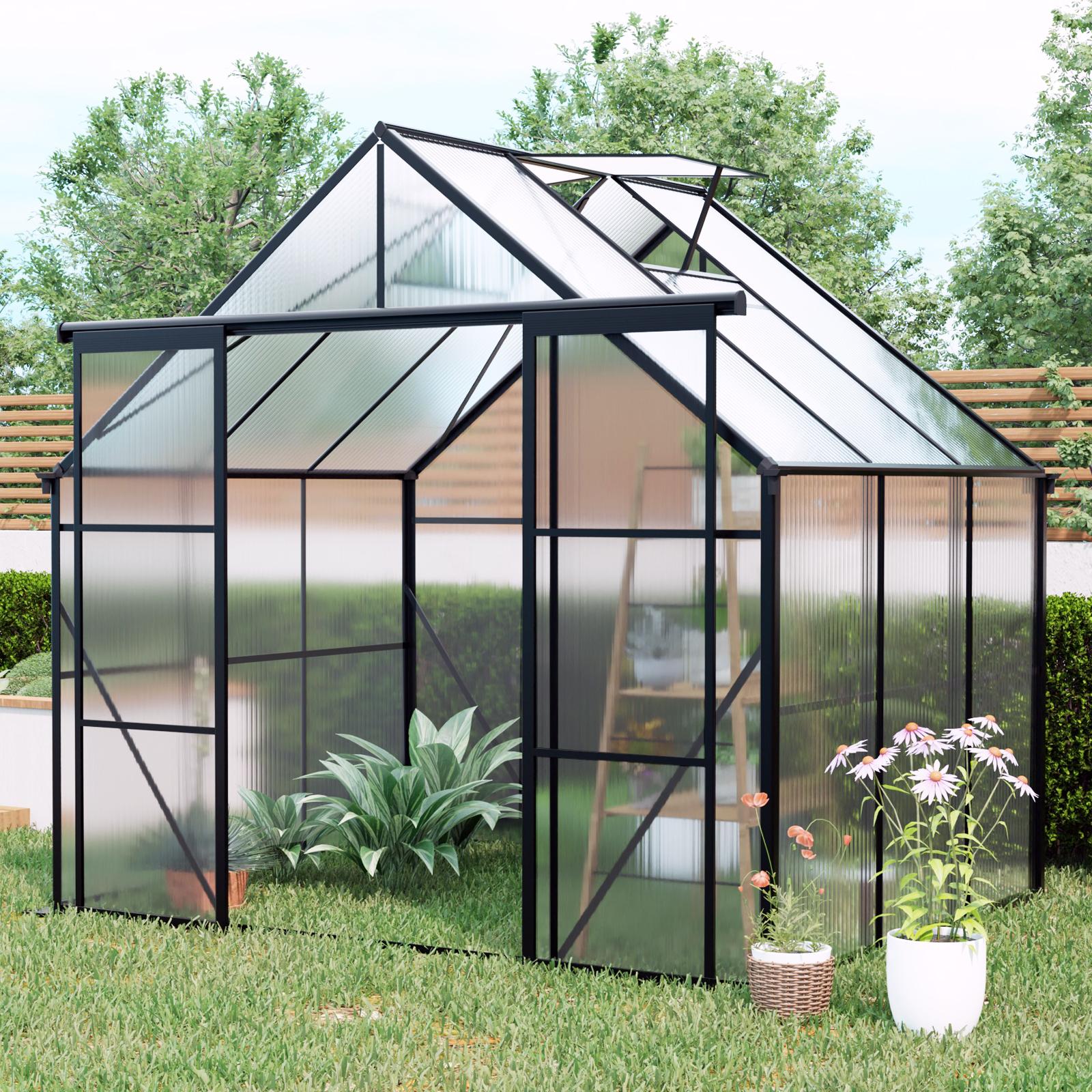 Walk-in Polycarbonate Greenhouse with Double Sliding Doors, Galvanized Base, Hothouse for Plant, 94.5" L x 74" W x 89.5" H, Black Aosom Canada