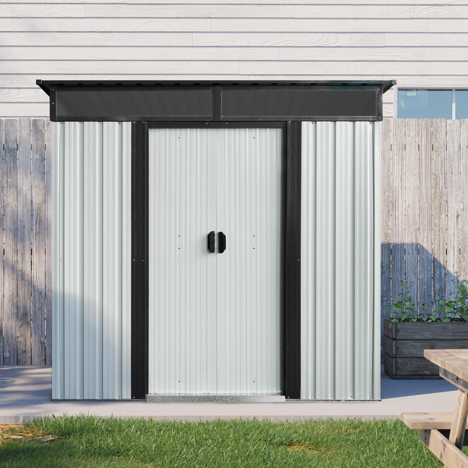 Outdoor Metal Storage Shed with Lockable Sliding Doors, Panels, Outbuilding for Backyard, 77" L x 59.5" W x 71" H, White+Black Aosom Canada
