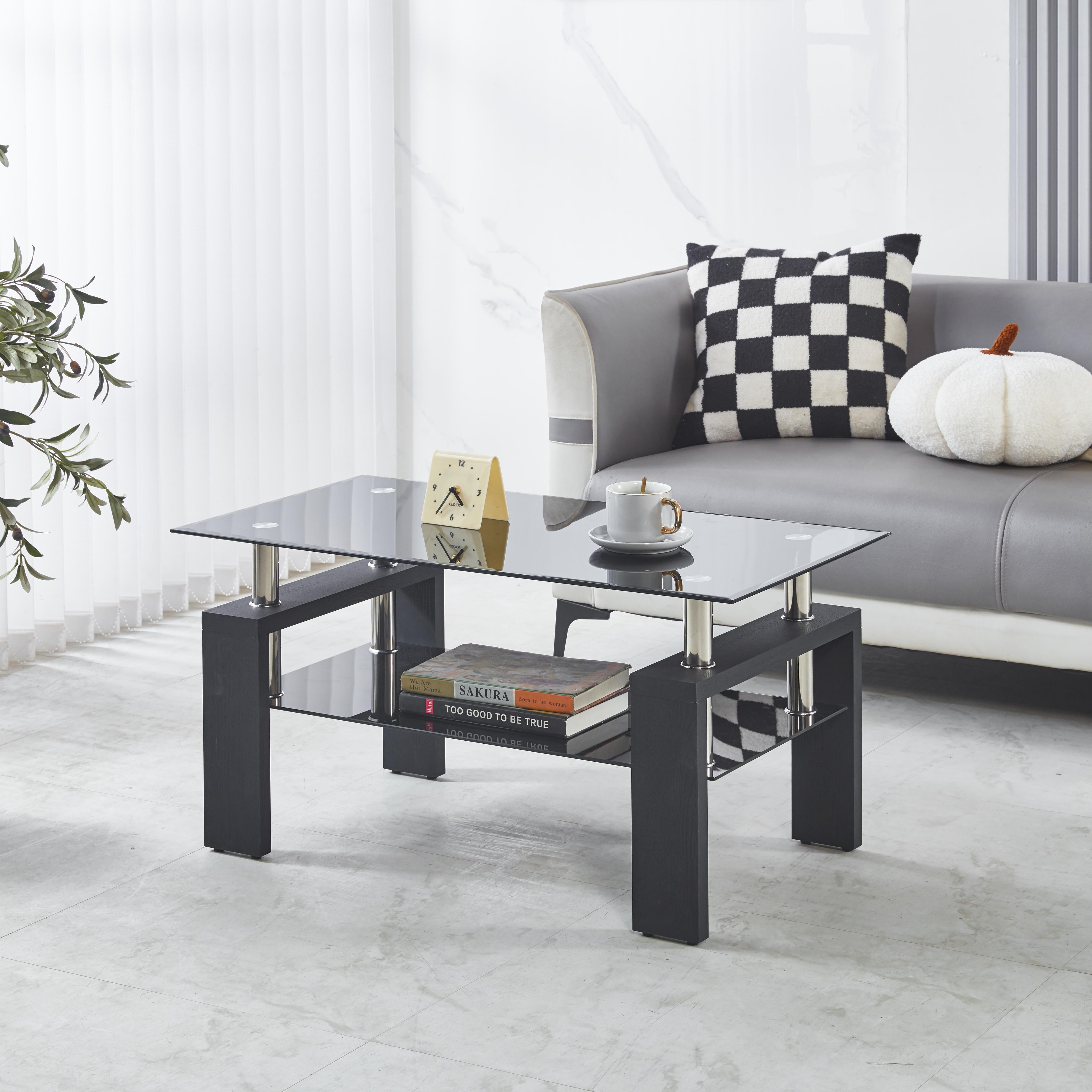 Tempered Glass Coffee Table with Geometric Design, Metal Tubular Legs, Centre Desk for Living Room, 35" L x 19" W x 16.5" H, Black Aosom Canada