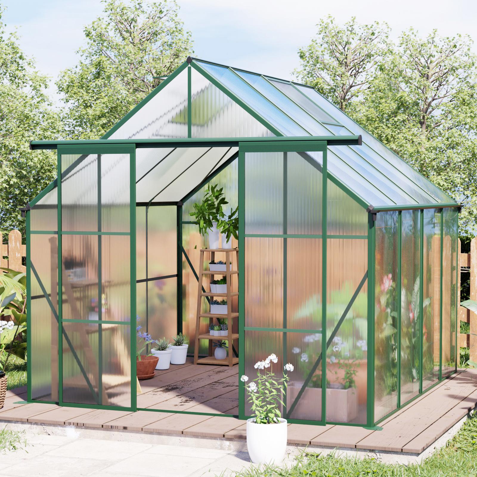 8 x 8 ft Double Door Polycarbonate Greenhouse with Raised Base, Anchor, Hothouse for Backyard, 94.5" L x 98" W x 89.5" H, Green Aosom Canada