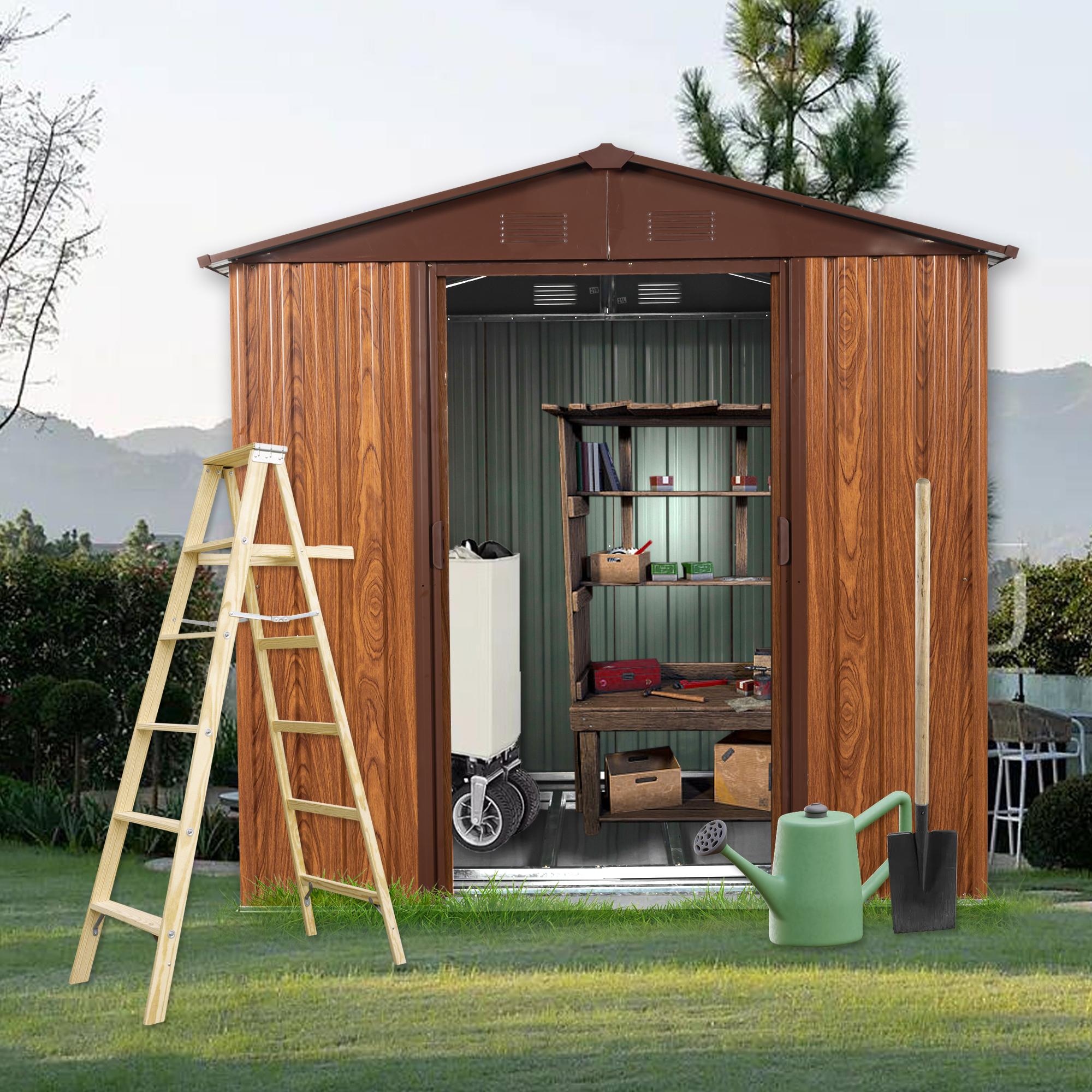 6 x 6 ft Outdoor Storage Shed with Sliding Doors, Storage Hut with Galvanized Steel Construction, 72.5'' L x 64'' W x 72.5'' H, Coffee Aosom Canada