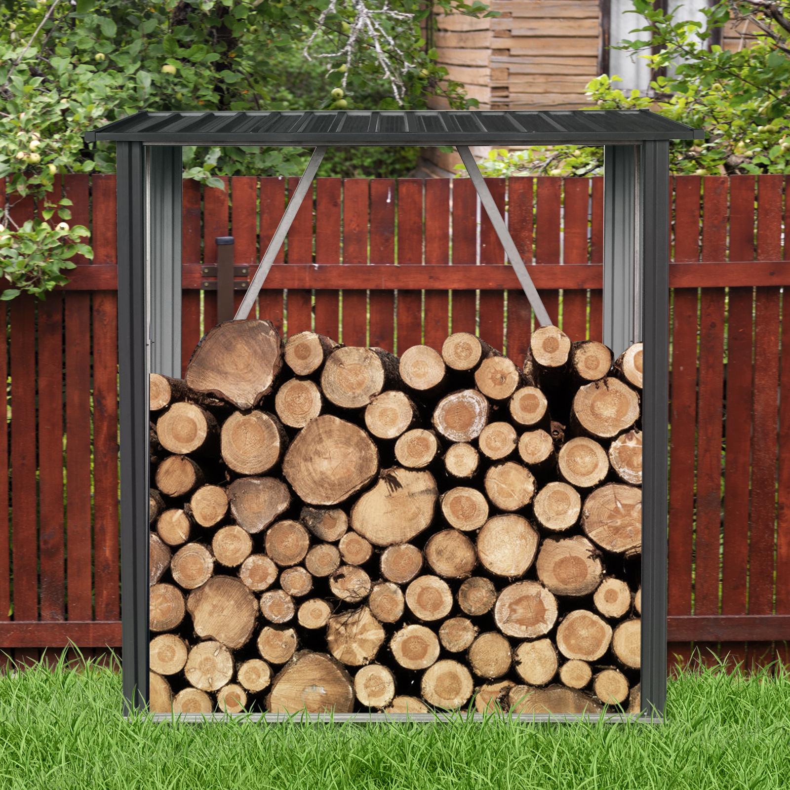 Outdoor Galvanized Steel Firewood Rack with Sloped Roof, Open Wood Shed Perfect for Firewood Storage, 64'' L x 35'' W x 60.5'' H, Black | Aosom Canada