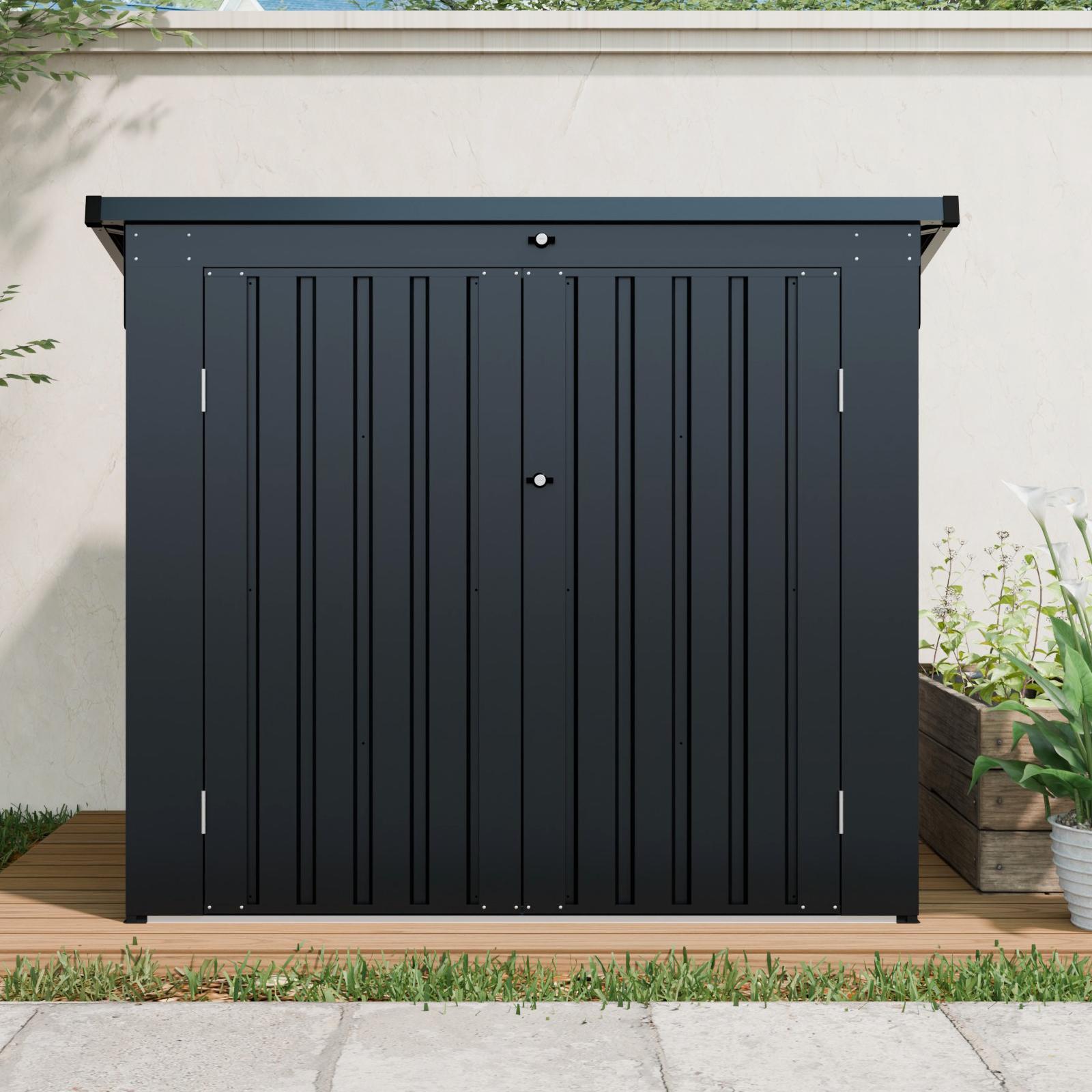Metal Garbage Bin Shed with Sloped Roof and Door, Trash Can Shed Ideal for Outdoor Storage, 64.5'' L x 41.5'' W x 54'' H, Black | Aosom Canada