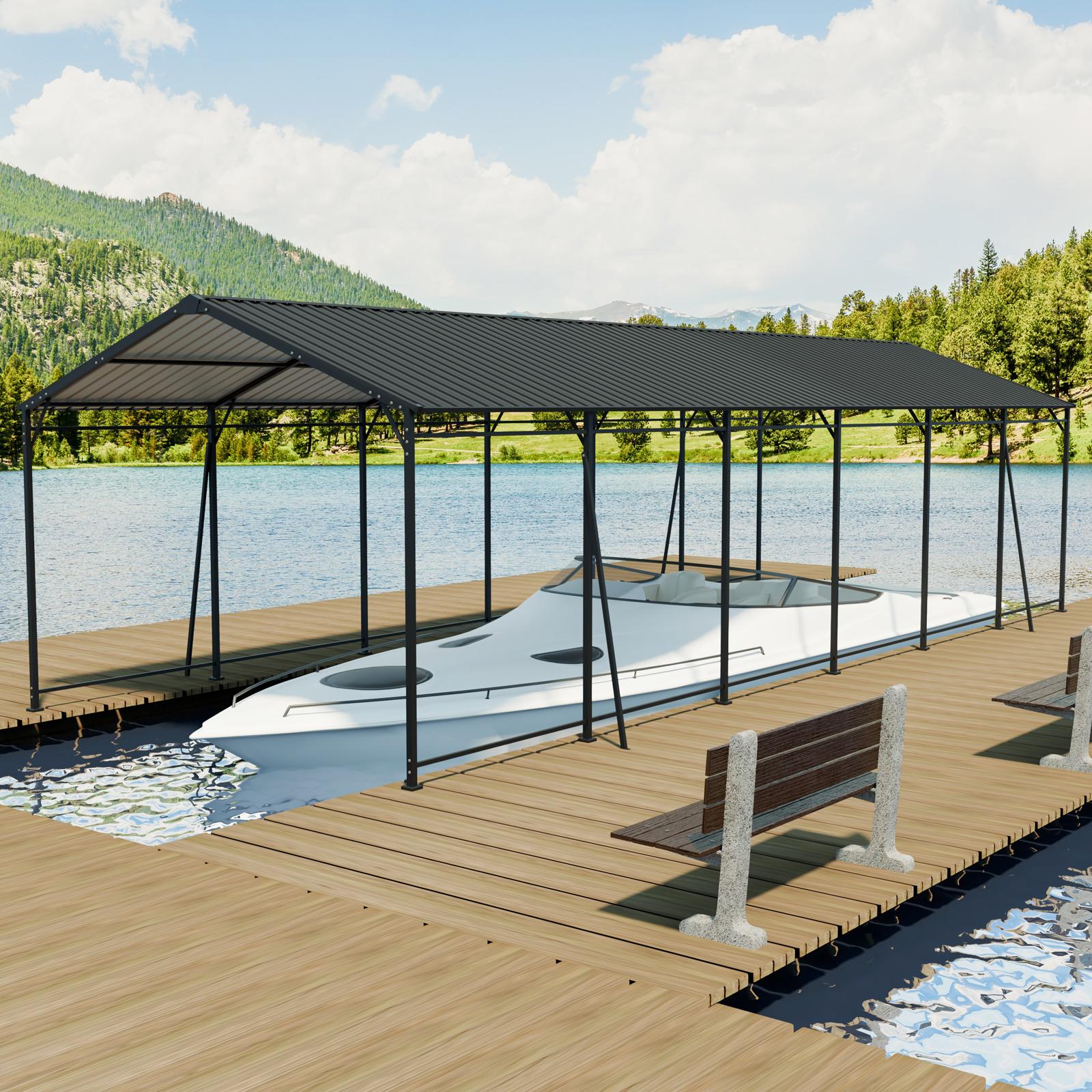 Heavy Duty Metal Carport with Galvanized Steel Roof and Frame, Large Garage with 4 Fixed Supports, 142" L x 379.5" W x 106" H, Charcoal Aosom Canada