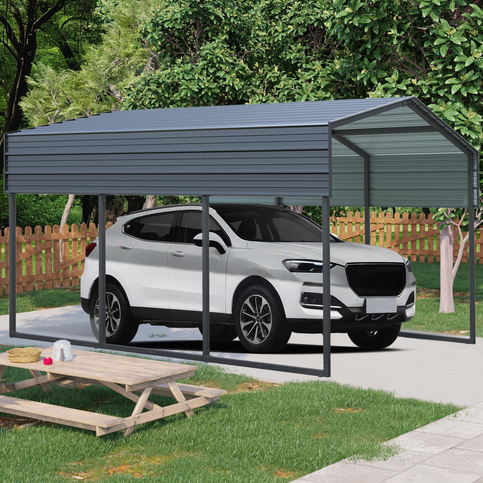 Outdoor Carport with Galvanized Steel Roof and Frame, Heavy Duty Metal Canopy for Driveway, 121'' L x 177.5'' W x 99.5'' H, Charcoal | Aosom Canada