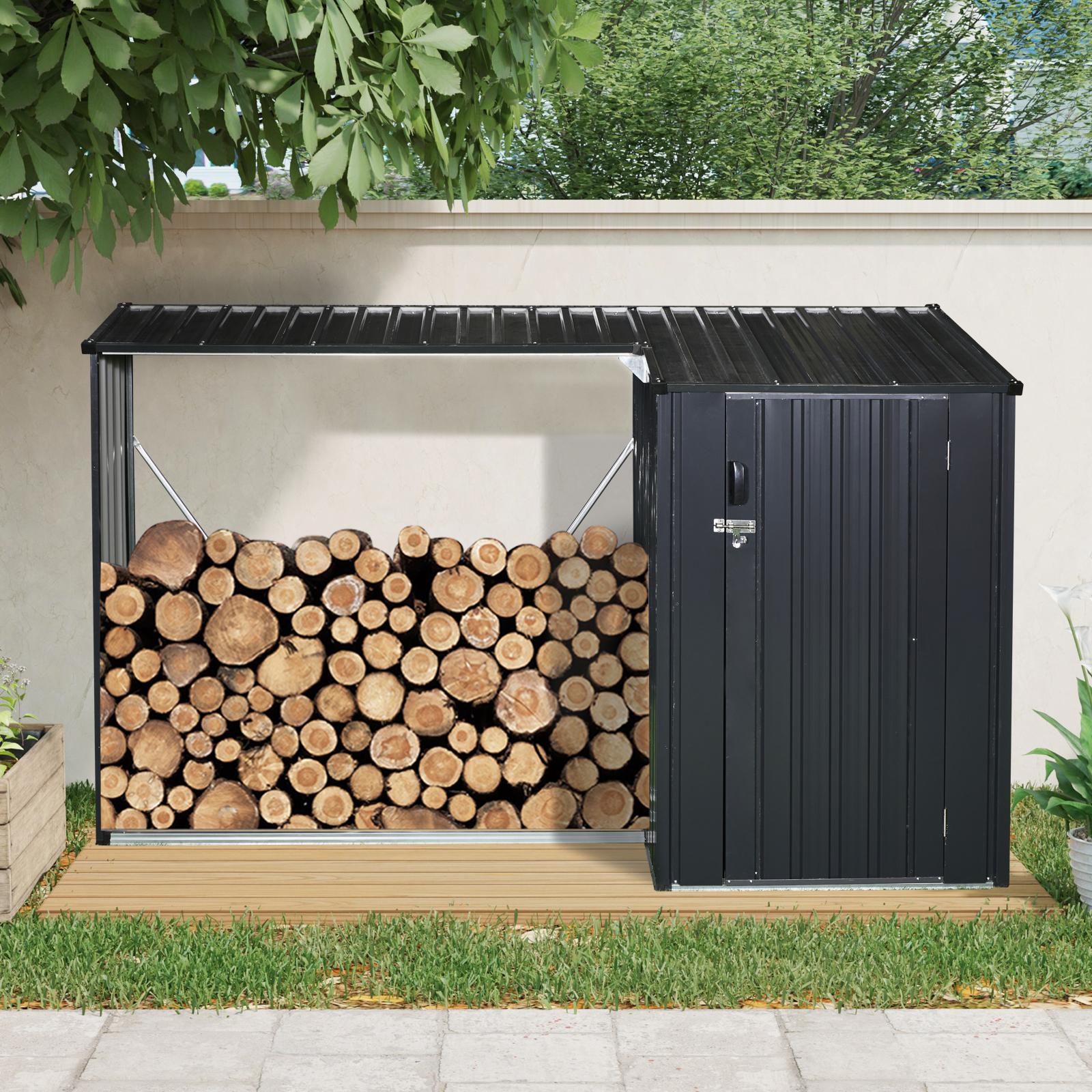 Outdoor Firewood Rack and Storage Shed with 2-In-1 Combo, Steel Kit Ideal for Outdoor Storage, 102.5'' L x 40'' W x 63.5'' H, Black | Aosom Canada