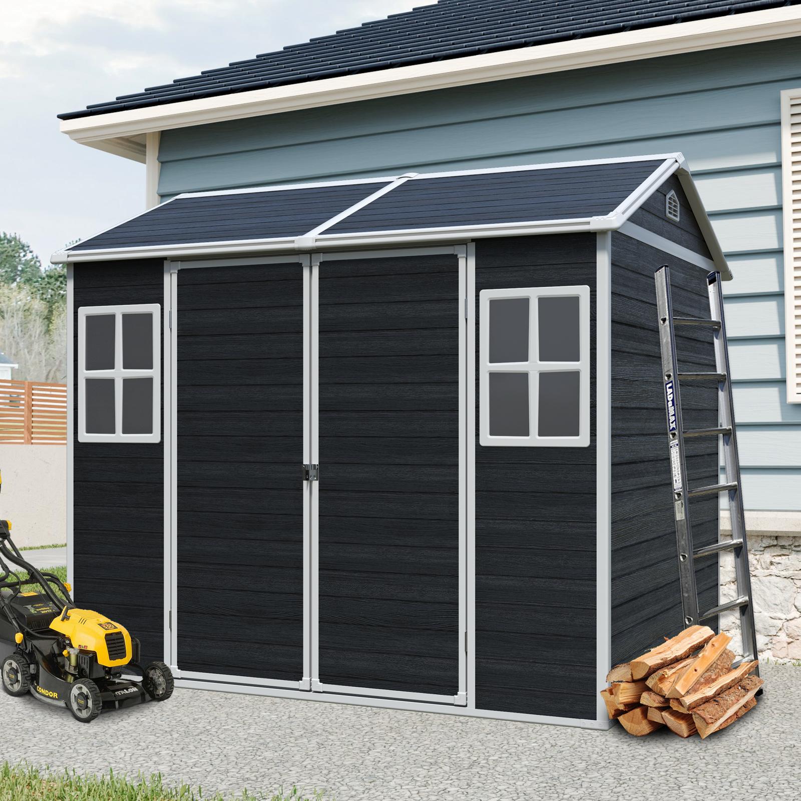 Resin Outdoor Storage Shed with Floor, Lockable Door and Windows, Outbuilding for Garden Hobbyists, 96'' L x 75'' W x 85'' H, Black Aosom Canada