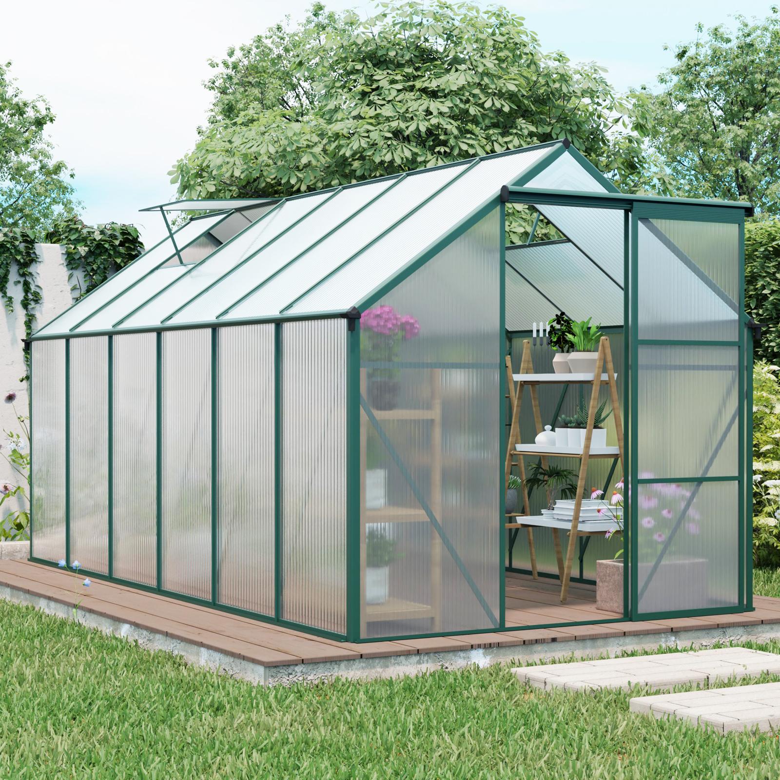 Polycarbonate Walk-in Greenhouse with Door and Adjustable Roof, Hothouse with Duty Aluminum Frame, 75'' L x 146'' W x 77'' H, Green Aosom Canada