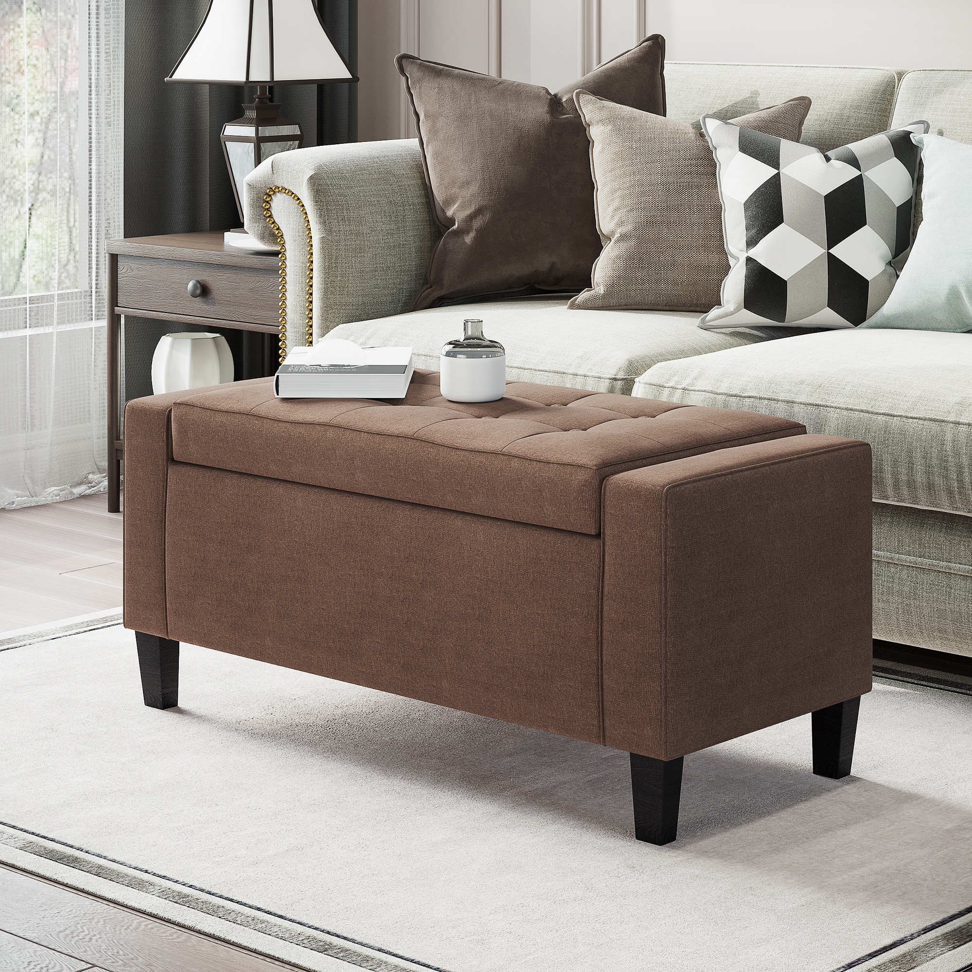 HOMCOM Storage Ottoman Bench, Linen Upholstered Bench with Tufted Design, Brown Aosom Canada