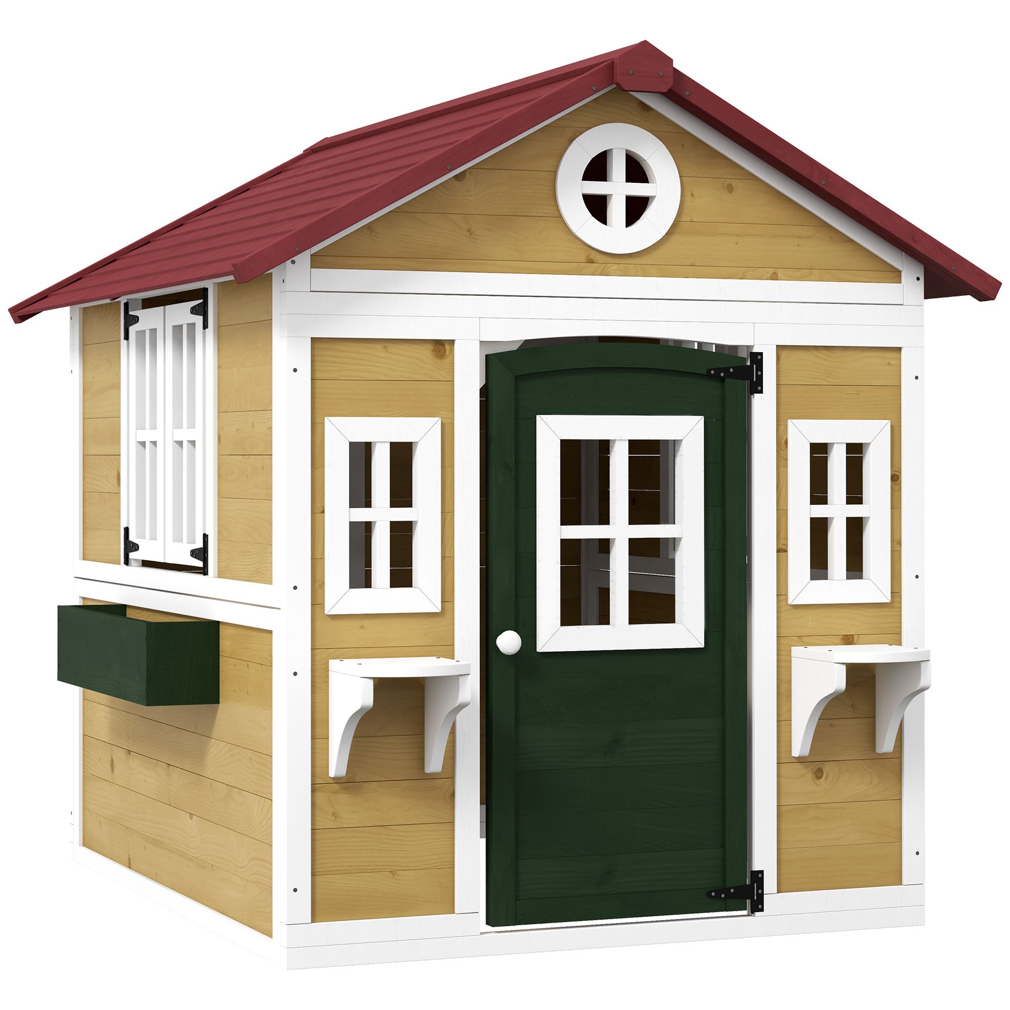 Outsunny Wooden Playhouse for Kids Outdoor with Doors, Windows, Planter Pots and Boxes for Toddlers 3-8 Years, Beige