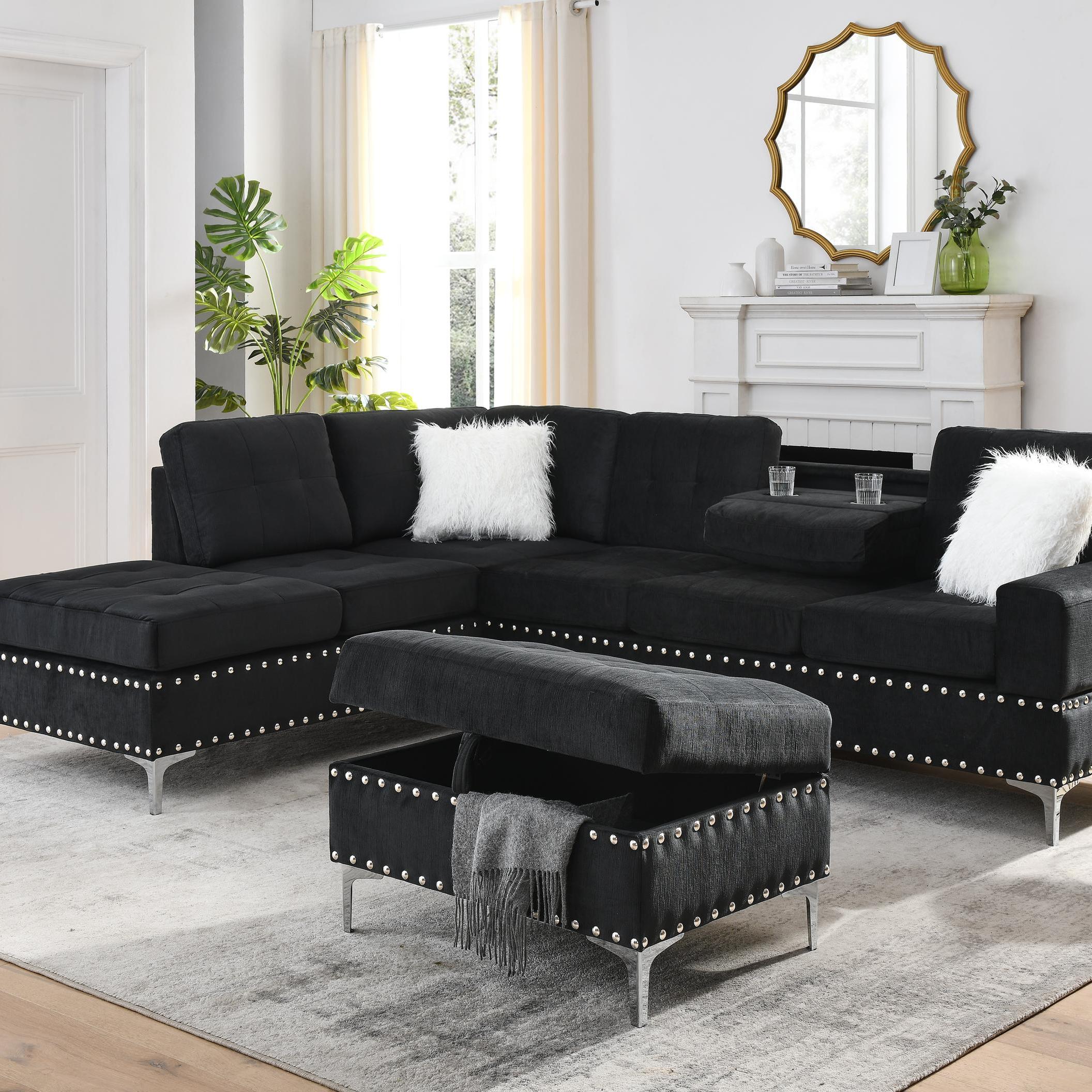 3-Seater Sectional Sofa with Reversible Chaise, Storage Ottoman and Metal Legs, Sofa Bed with Rivet Accents, 107.5" L x 80.5" W x 36" H, Black