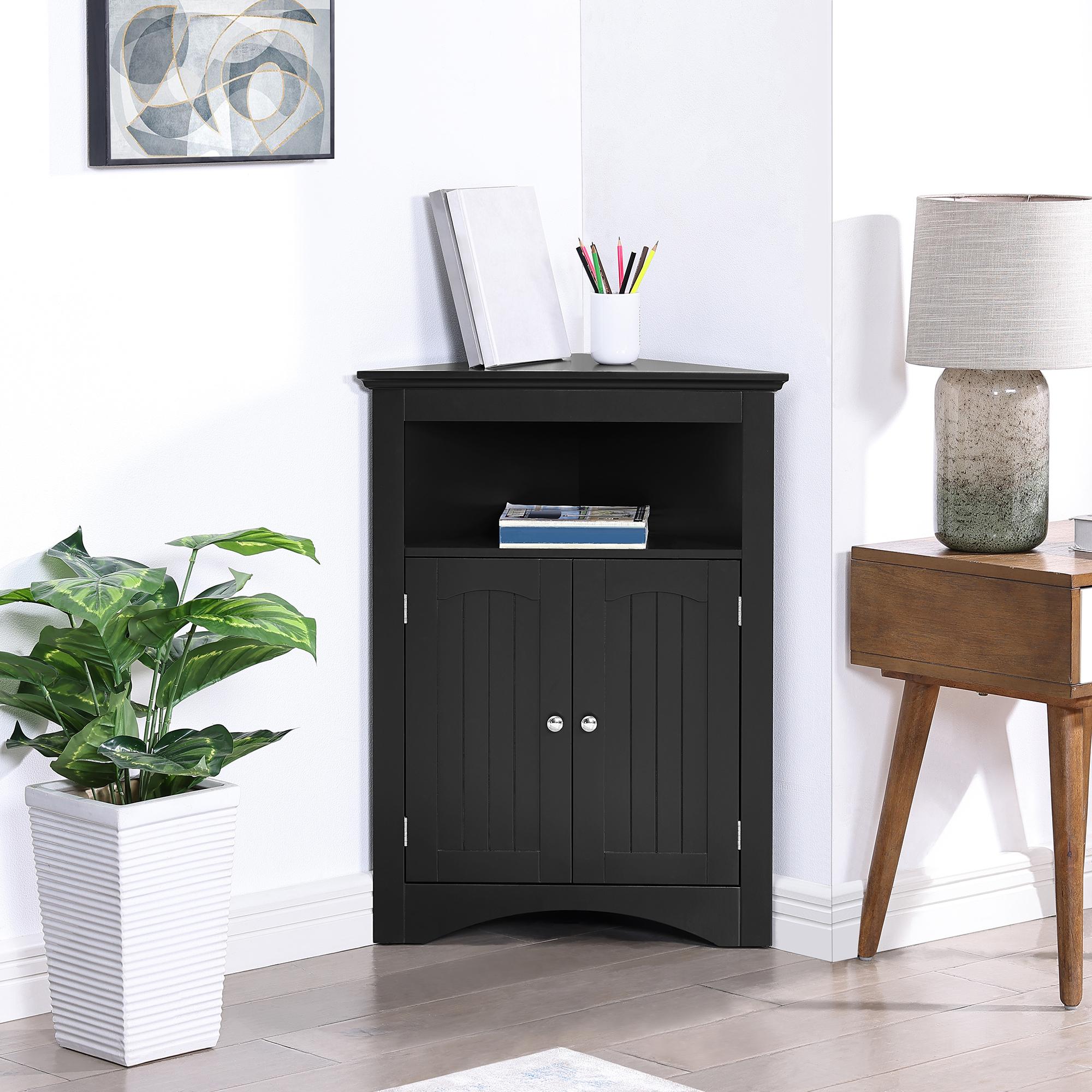 Bathroom Corner Storage Cabinet with Double Doors, Adjustable Shelves, Floor Cupboard for Living Room, 24.5" L x 12" W x 32.5" H, Black