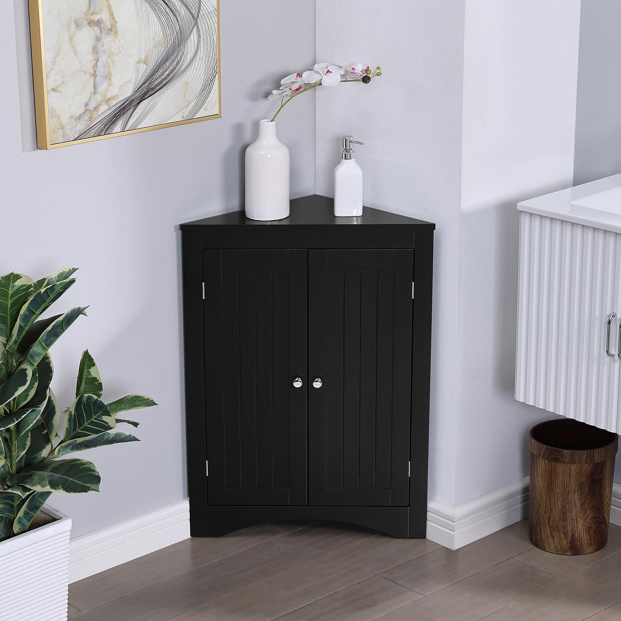 Bathroom Corner Storage Cabinet with Doors, Adjustable Shelves, Free-Standing Sideboard for Compact Room, 24.5" L x 12" W x 32.5" H, Black
