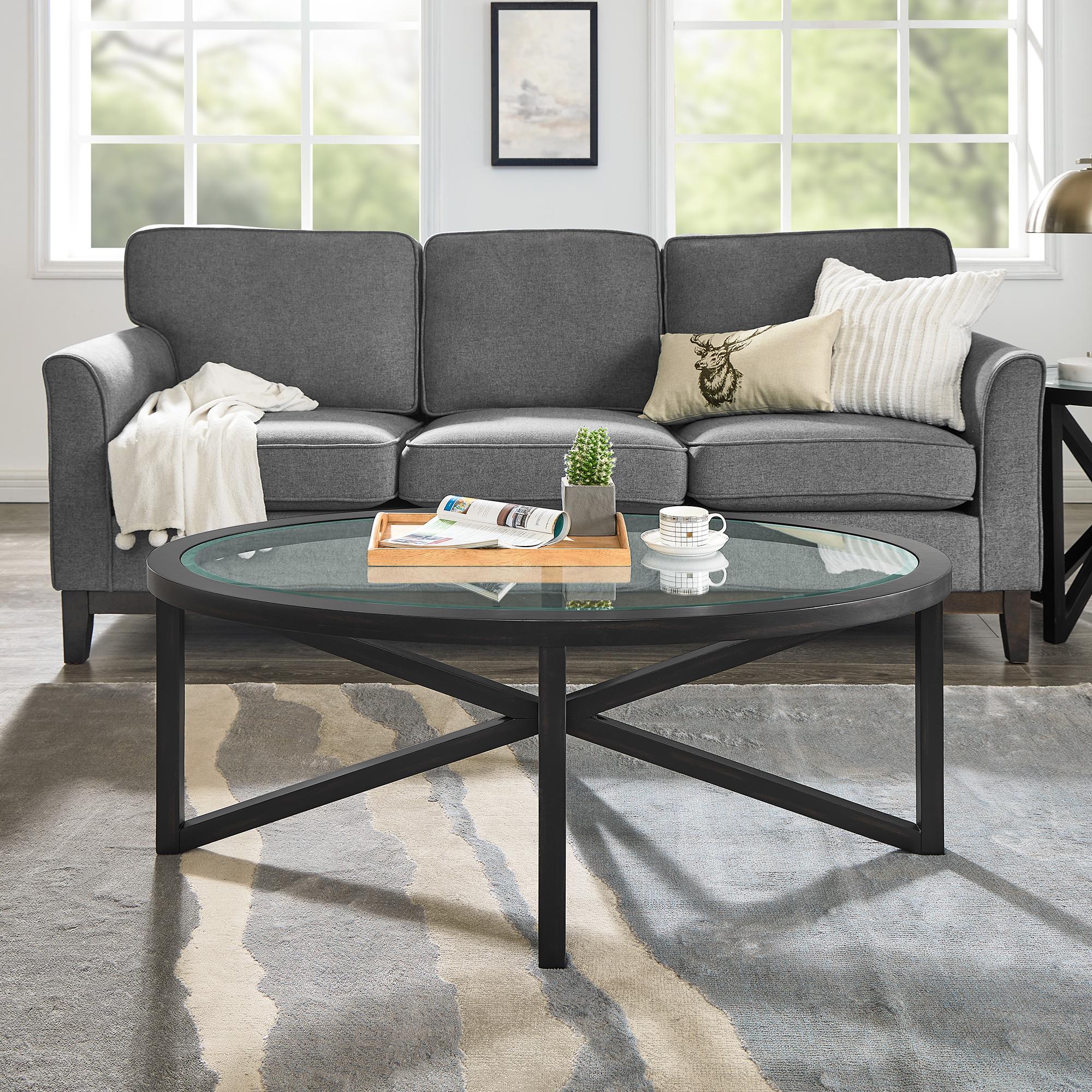 Modern Glass Coffee Table with Solid Wood Tripod Base, Anti-Scratch Curved Edges, Oval Desk for Living Room, 46.5" L x 28.5" W x 18" H, Black