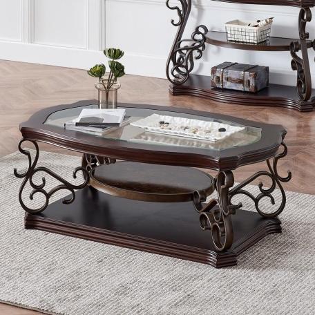 Cocktail Table with Tempered Beveled Glass Top, Marble Paper, Powder-Coated Metal Legs, Desk for Living Room, 52" L x 32" W x 20.5" H, Brown