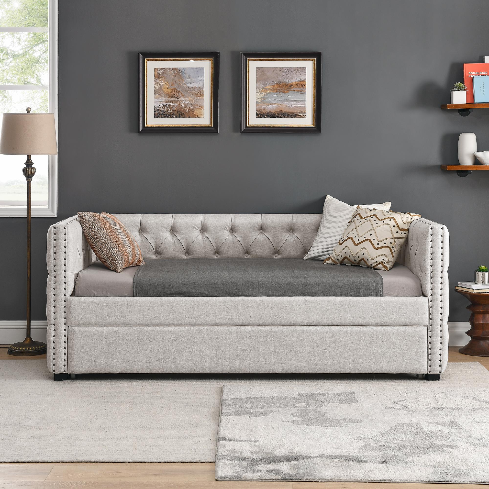 Twin Daybed with Trundle, Button Tufting and Nailhead Trim, Sofa Bed with Foam-Padded Back and Arms, 85" L x 42.5" W x 31.5" H, Beige