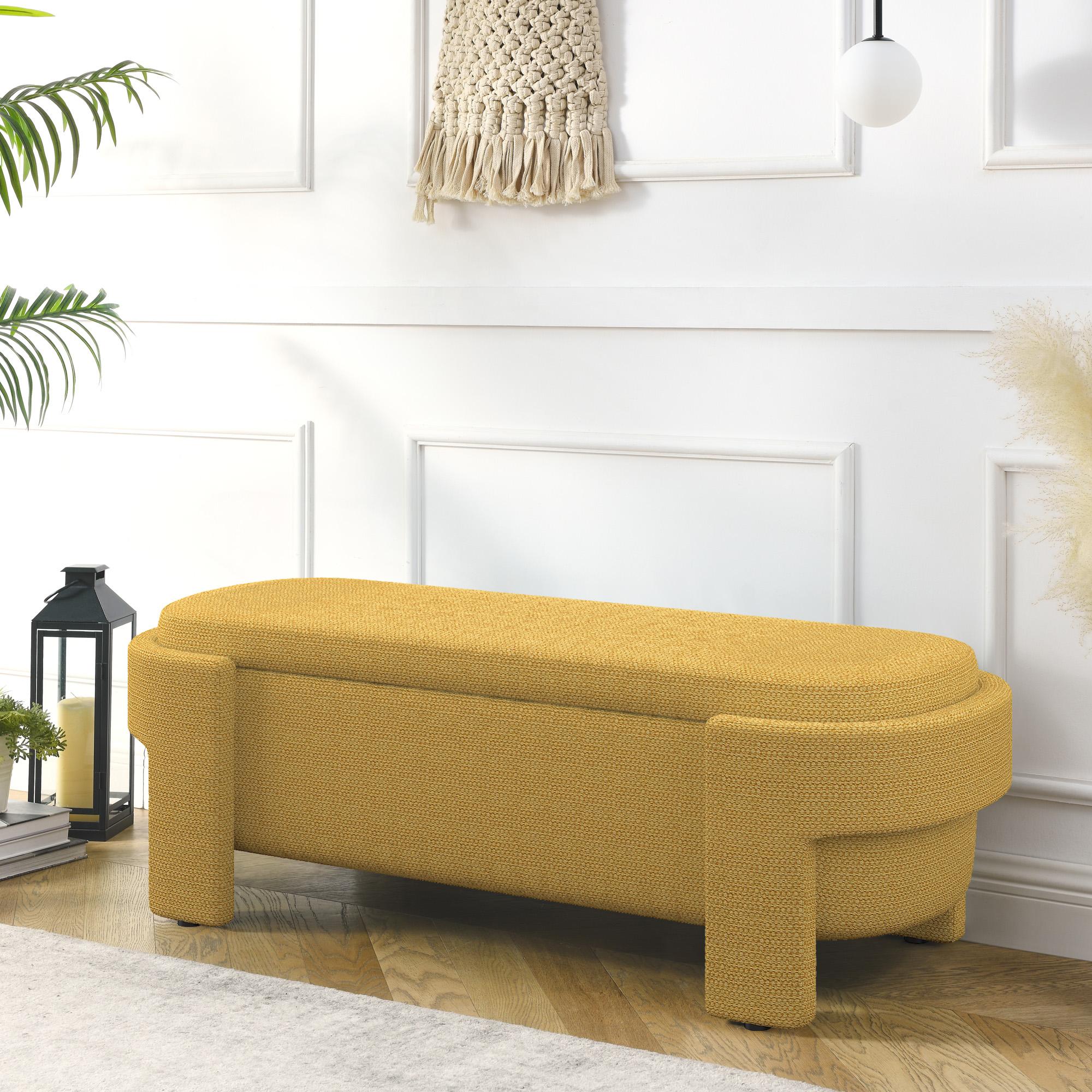 Linen Upholstered Storage Bench with High-Density Foam Cushion, Hidden Storage Ottoman with Turned Legs, 51.5" L x 20.5" W x 17" H, Yellow