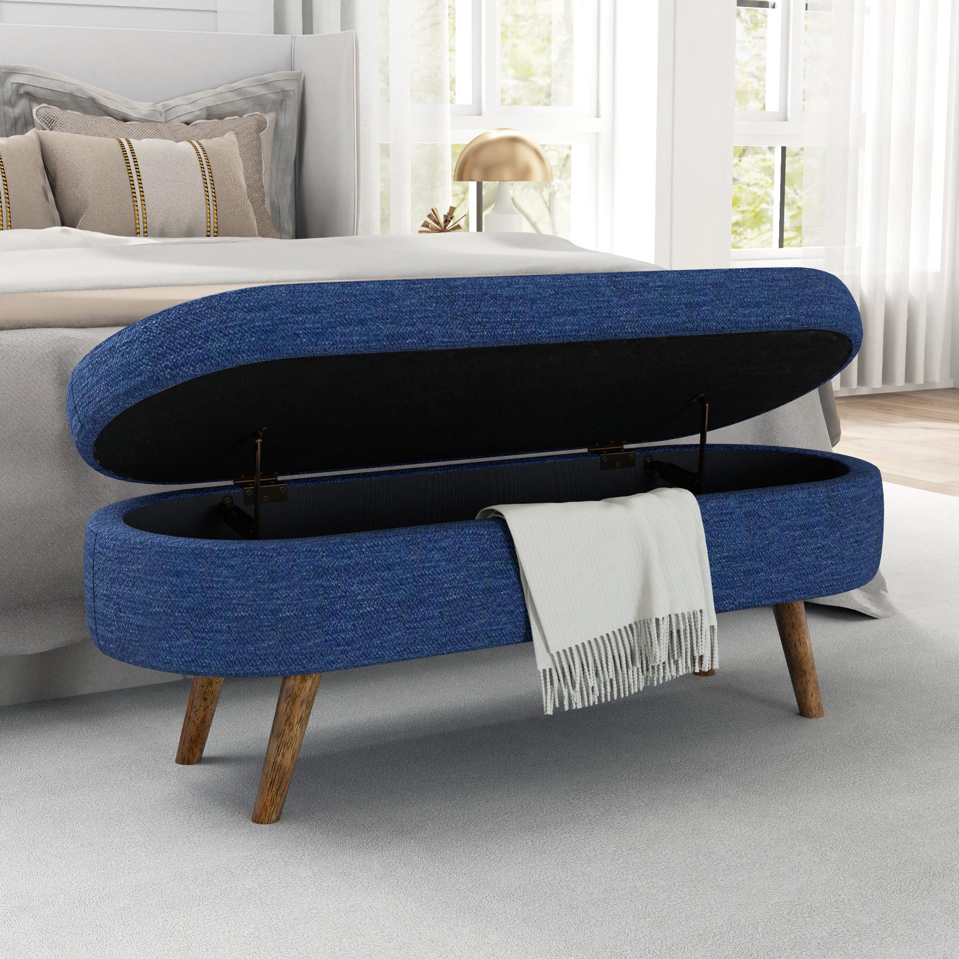 Oval Storage Ottoman Bench with Foam Cushion and Sturdy Rubberwood Legs, Multi-Use Footstool for Bedroom, 43.5" L x 16" W x 16" H, Blue