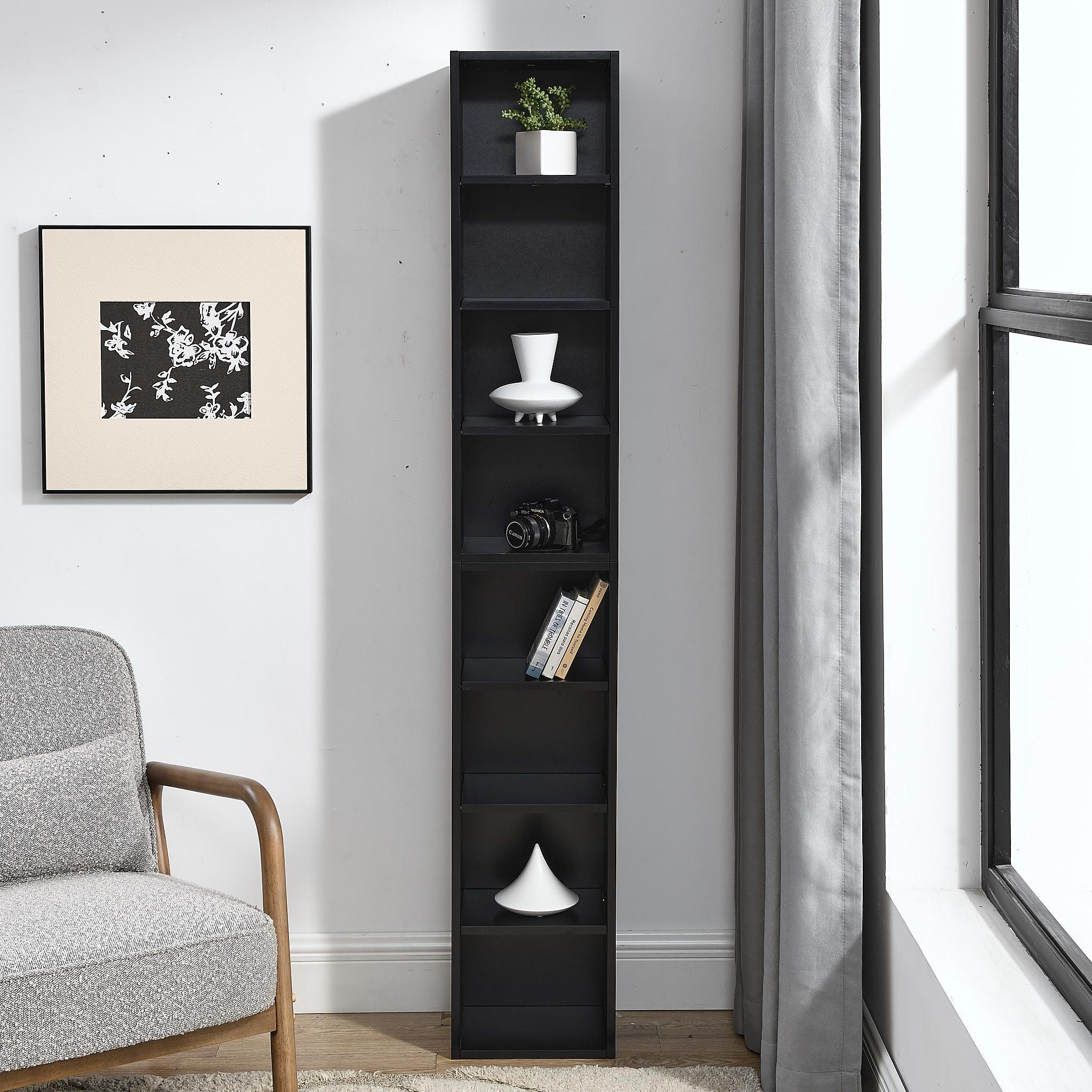 8-Tier Slim Media Tower Rack with Adjustable Shelves, Anti-Tip Hardware, Tall Narrow Bookcase for Compact Room, 11.5" L x 9.5" W x 71" H, Black