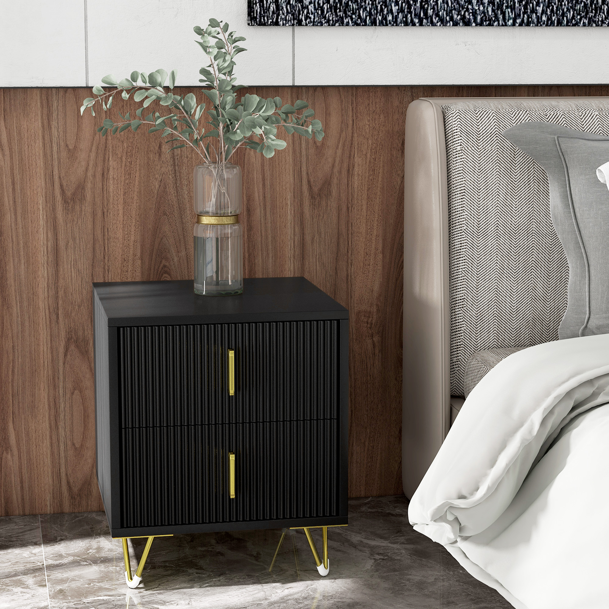 HOMCOM Bedside Table, Modern Nightstand with 2 Drawers, Side End Table with Metal Legs for Living Room, Bedroom, Black Aosom Canada