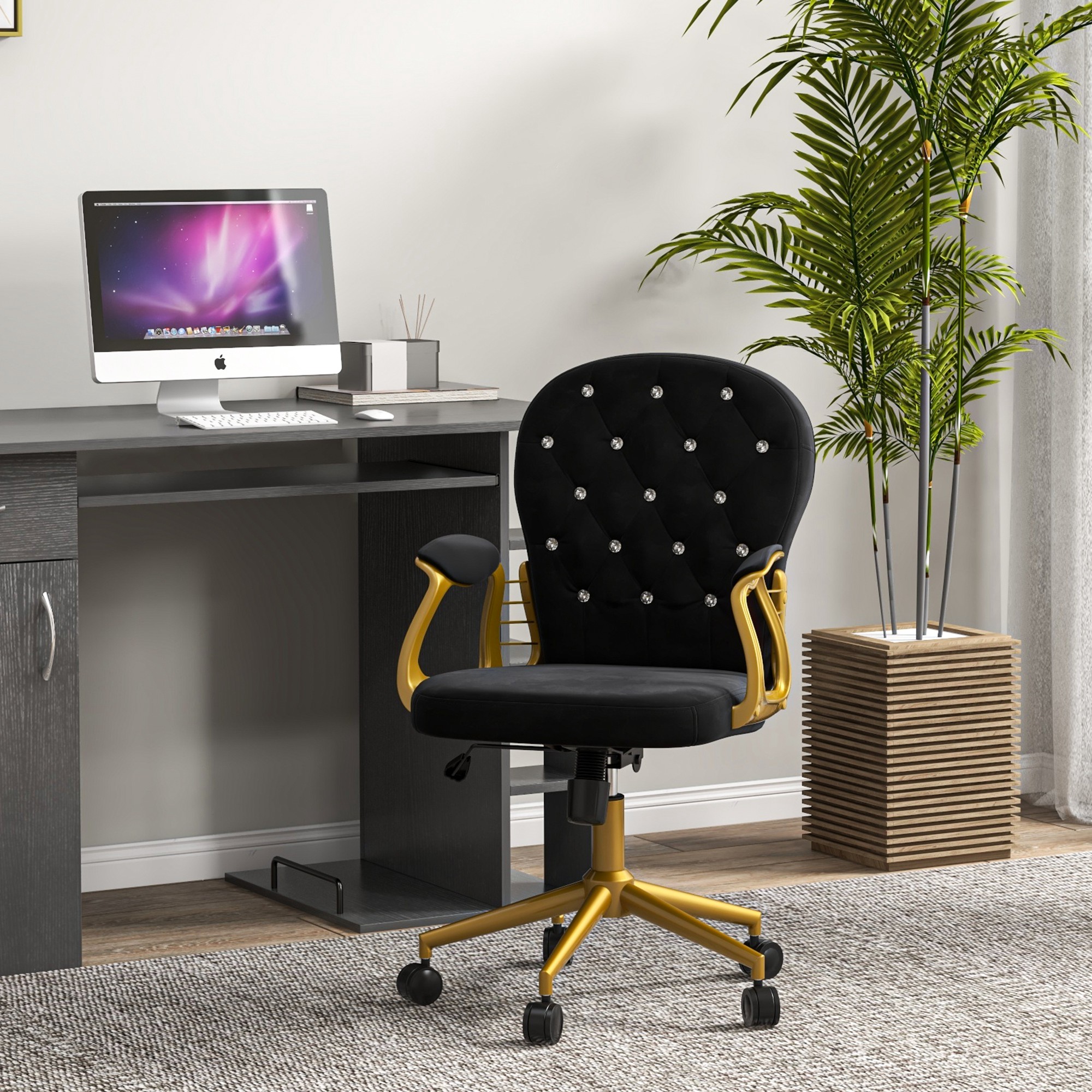 Vinsetto Velvet Vanity Chair: Button-Tufted, Swivel Base with Wheels & Height Adjustment, Black Aosom Canada