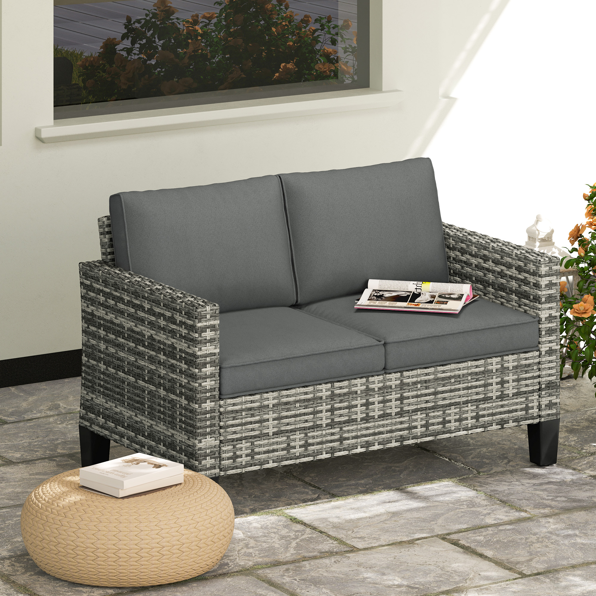 Outsunny 2 Seater Rattan Outdoor Sofa, Patio Couch Loveseat with
