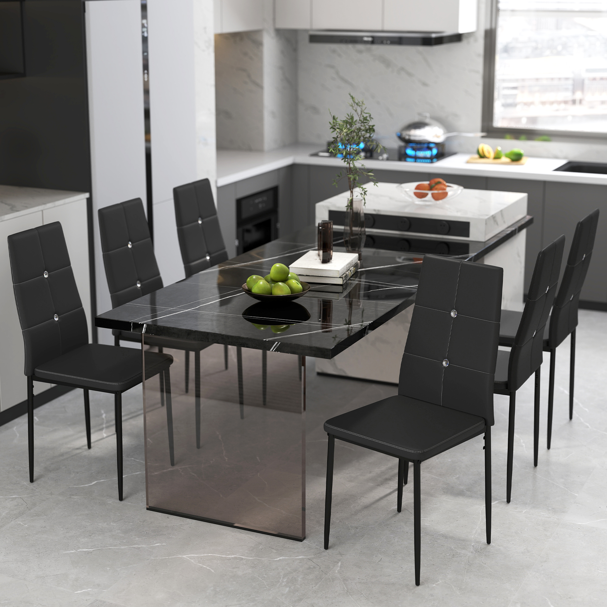 HOMCOM Dining Chairs Set of 6 Modern Faux Leather Upholstered Chairs with Button Tufted Back Metal Legs Black Aosom Canada