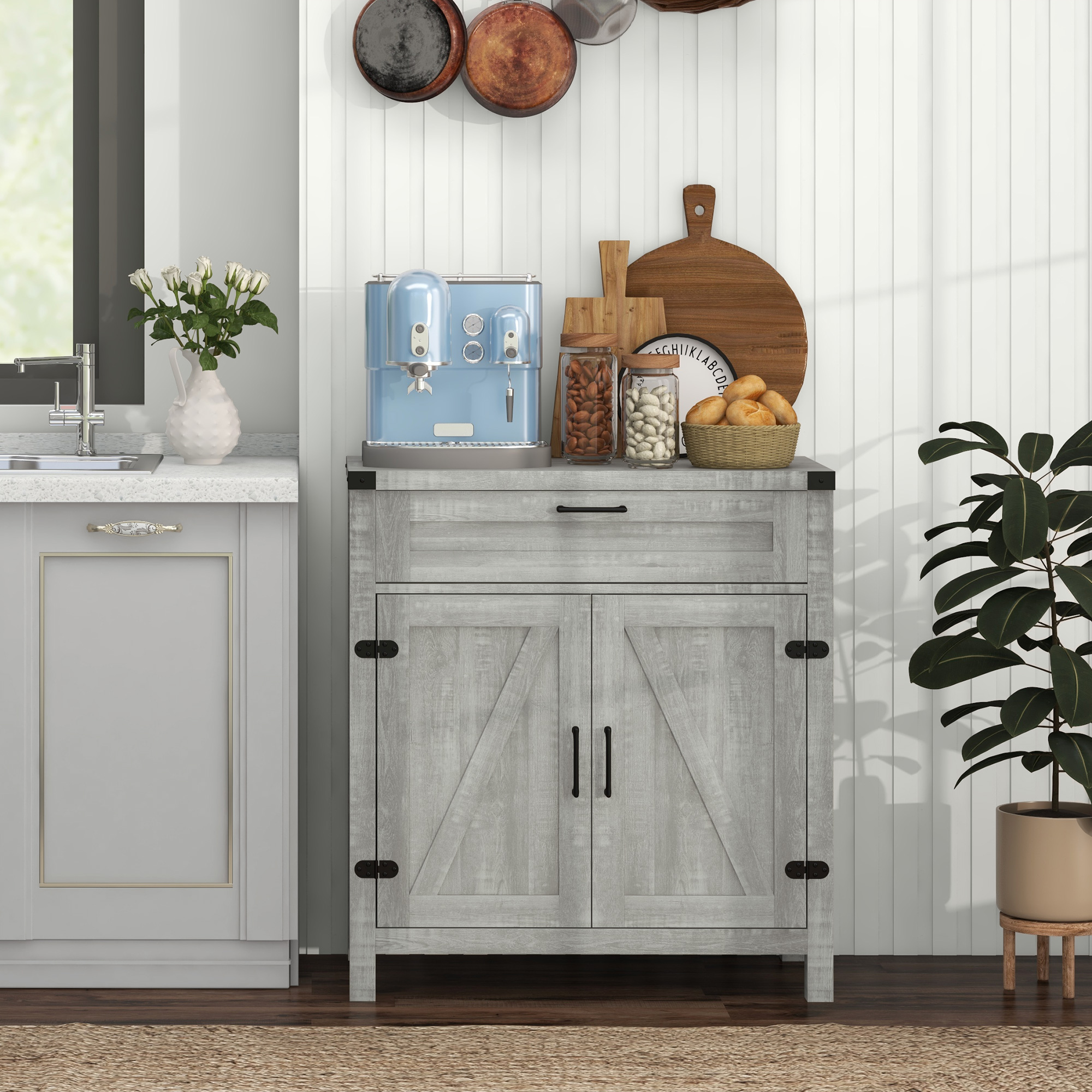 HOMCOM Farmhouse Kitchen Storage Cabinet Sideboard Buffet with 2 Sliding Barn Doors Drawer Grey Aosom Canada