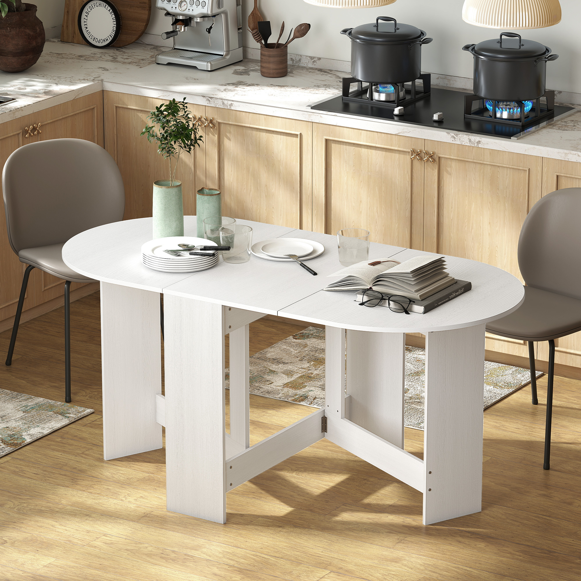 HOMCOM Folding Dining Table Oval Drop Leaf Design for Small Spaces Distressed White Compact Aosom Canada