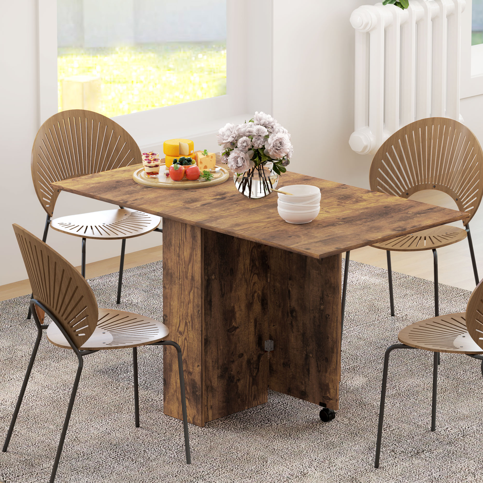 HOMCOM Extendable Dining Table, Collapsible Folding Table w/ 2-tier Shelves and Rolling Casters, Rustic Brown Aosom Canada