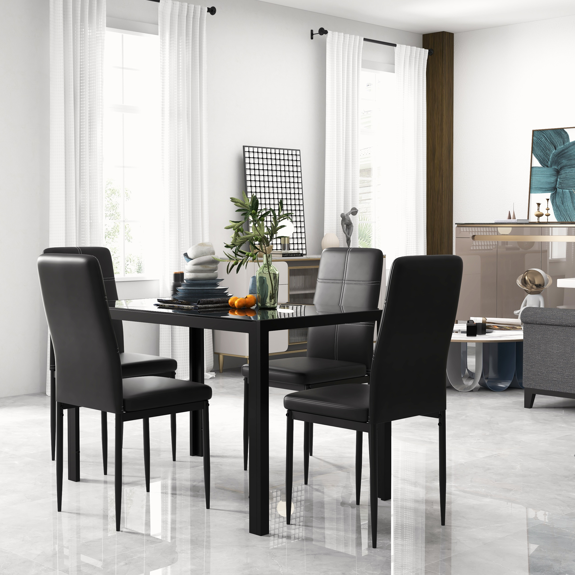 HOMCOM 5-Piece Rectangular Glass Dining Table Set for 4 with Metal Frame Faux Leather Chairs Kitchen Furniture Black Aosom Canada