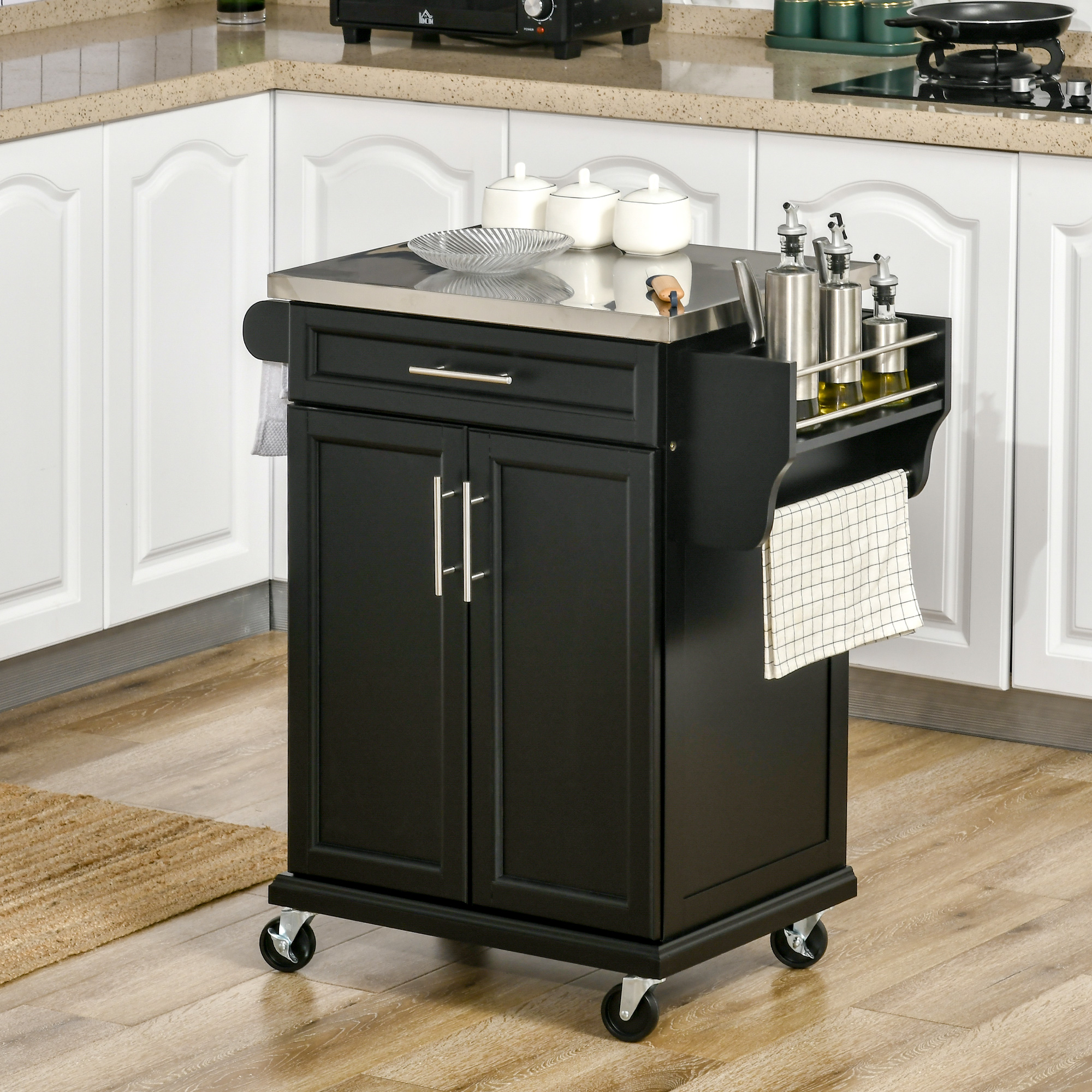 HOMCOM Multi-Use Rolling Kitchen Island Utility Cart Wood Stainless Steel Top Wheels Black Aosom Canada