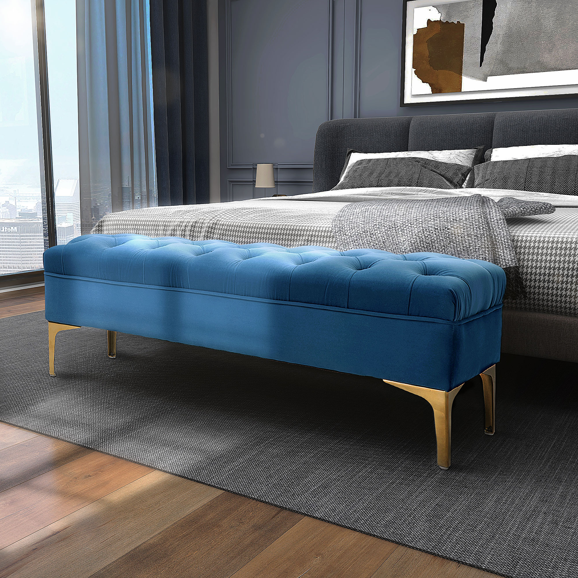 HOMCOM Velvet Upholstered Bench Button Tufted End of Bed Entryway Shoe Storage for Living Room Bedroom Decor Blue Aosom Canada
