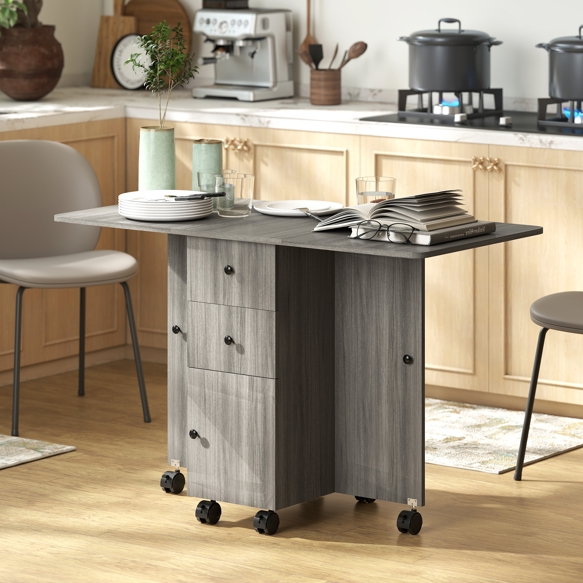 HOMCOM Foldable Kitchen Table with Storage Drawers Cabinet Drop Leaf Table on Wheels Grey Aosom Canada