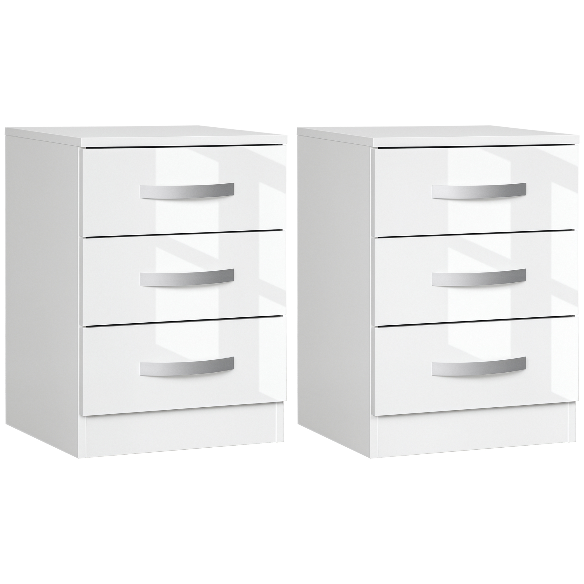 Bedside Tables with 3 High Gloss Drawers for Bedroom, Modern Bedside Table Set of 2, White 1
